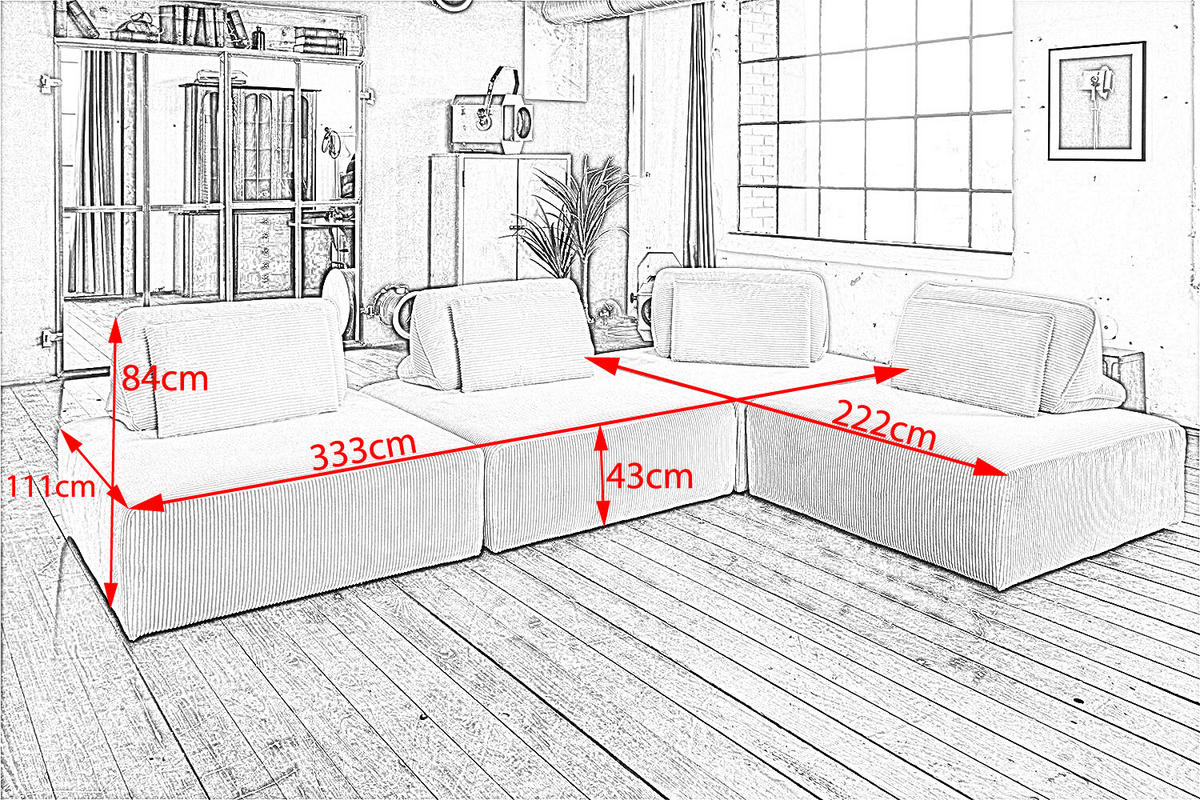 MODULSOFA WIOLO SOFT 4 MODULE 4 KISSEN Cremeweiß Cord - Creme/Schwarz, Kunststoff/Textil (333/84/222cm) - KAWOLA