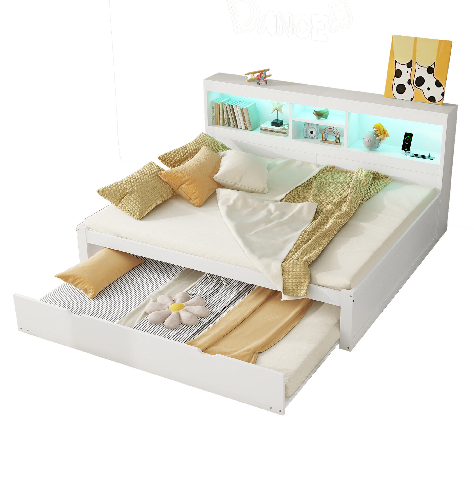 Modfu DĚTSKÁ postel z dřevotřísky a MDF 140x200 cm bílá s LED osvětlením, USB a výsuvným lůžkem