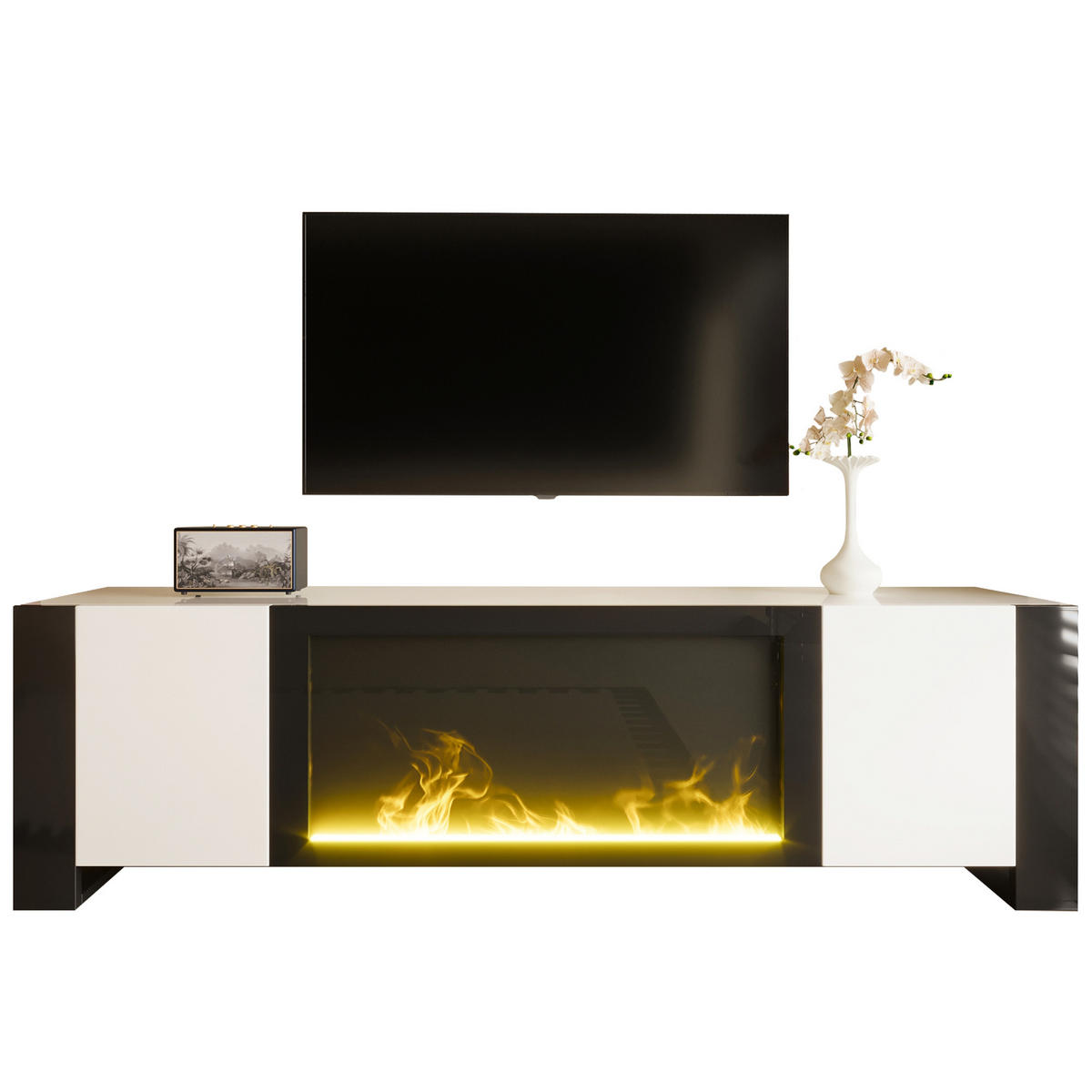 TV-ELEMENT165X55X32CM elektrischer Kamin Flammeneffekt Hochglanz Weiß-Schwarz - Weiß, Holz (54.99/21.21/104.5cm) - Raelunyi