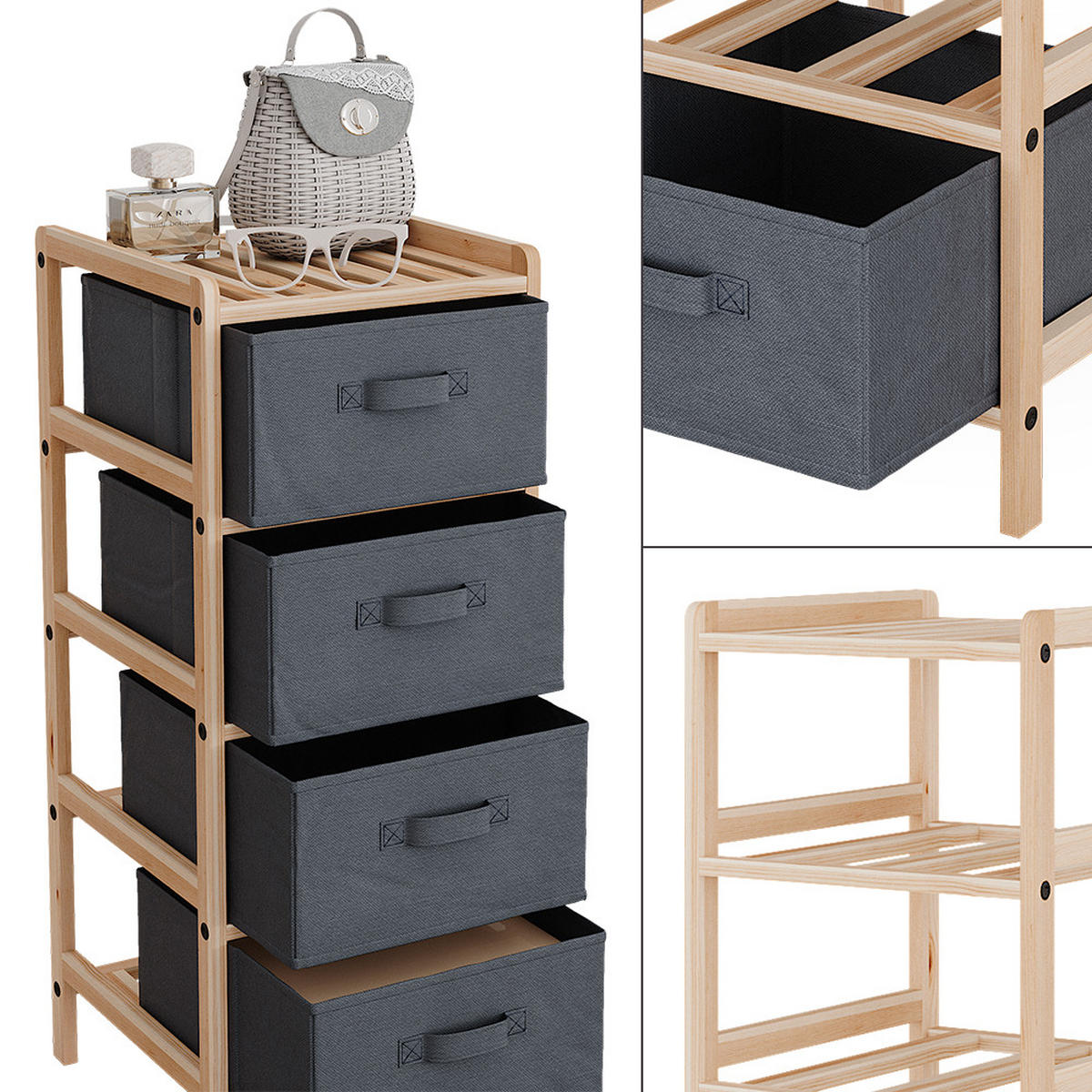 KOMMODE Bruno Grau 34.5 x 86 cm mit 4 Stoffschubladen - Naturfarben/Grau, Holzwerkstoff (34.5/86/36.5cm) - Vicco