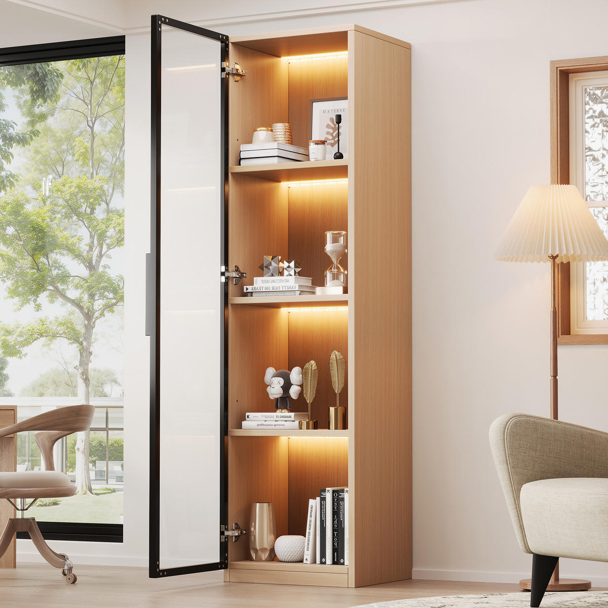 VITRINENSCHRANK 40cm Eichenoptik Glas LED Soft-Close modern - Eichefarben, Holzwerkstoff (40/165/40cm) - FLIEKS