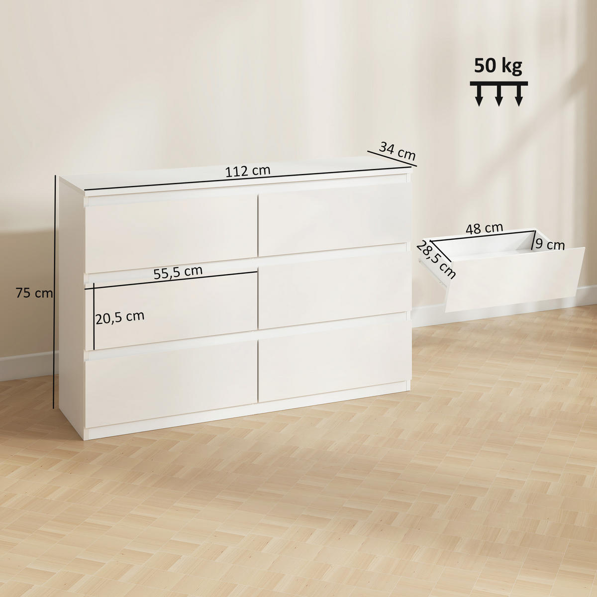 NACHTTISCH Weiß 34.0/112.0/75.0cm - Weiß, Holzwerkstoff (112/75/34cm)