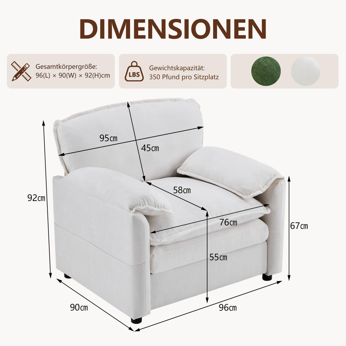 EINZELSESSEL mit doppelten Seitentaschen und weicher Polsterung, Weiß/Dunkelgrün - Weiß, Kunststoff (92/90/96cm) - Redom