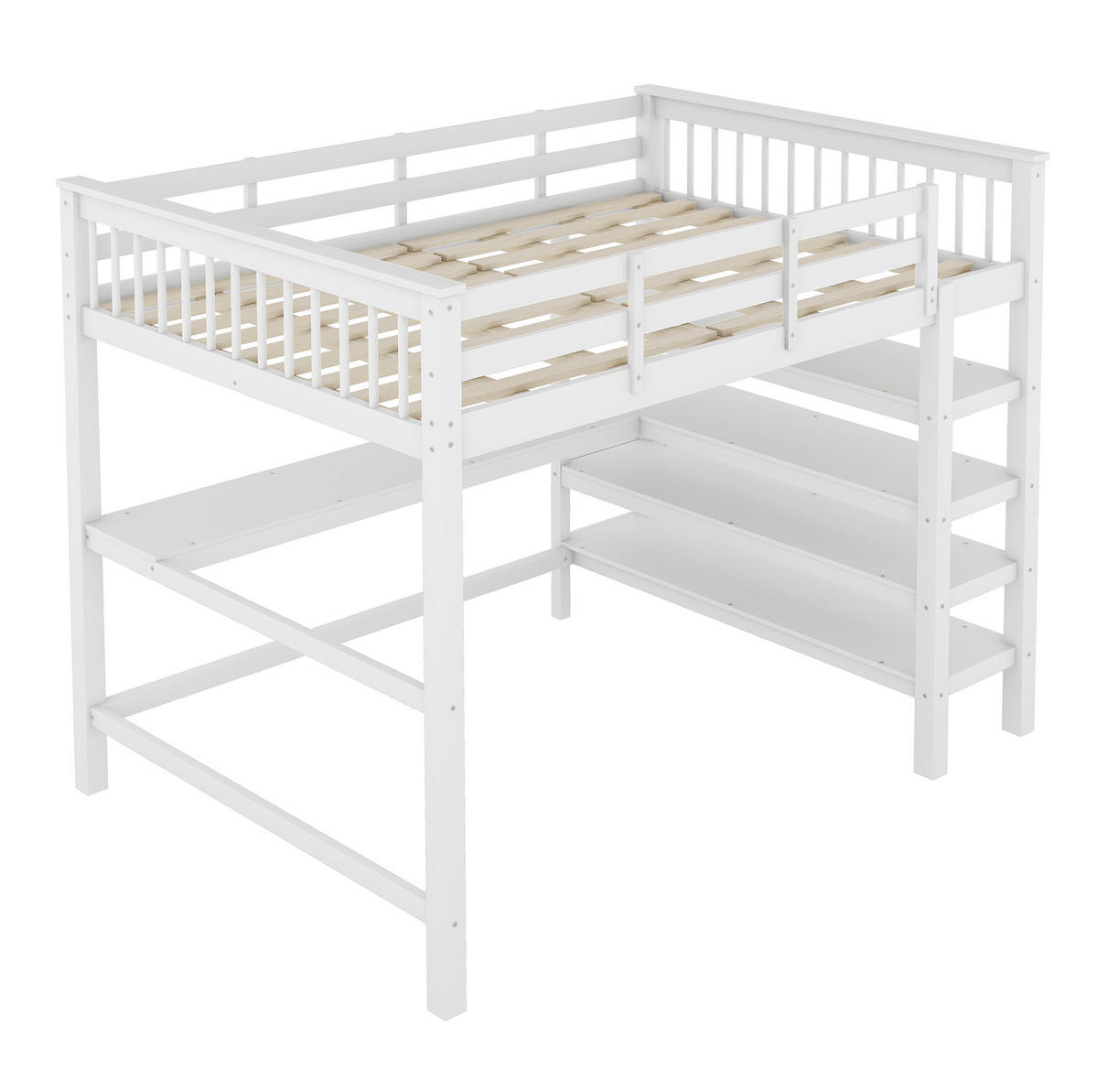 VYSOKÁ posteľ 140/200 cm biela s písacím stolom a policami z borovice a MDF - biela, drevo (140/200cm) - OKWISH