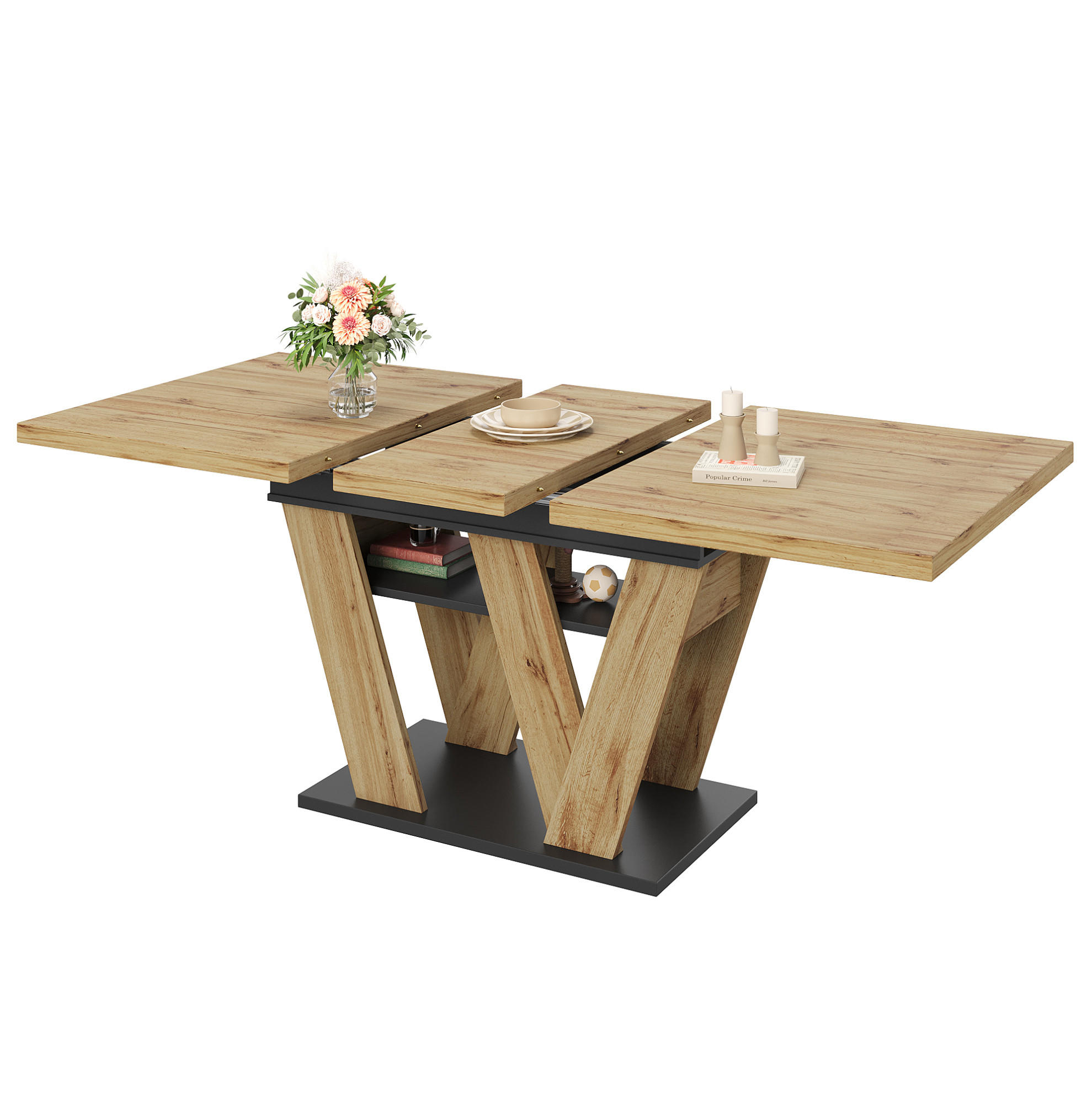 Modfu JÍDELNÍ stůl z MDF 119-158,5x80x75 cm černá/přírodní rozkládací s úložnou policí a W nohami