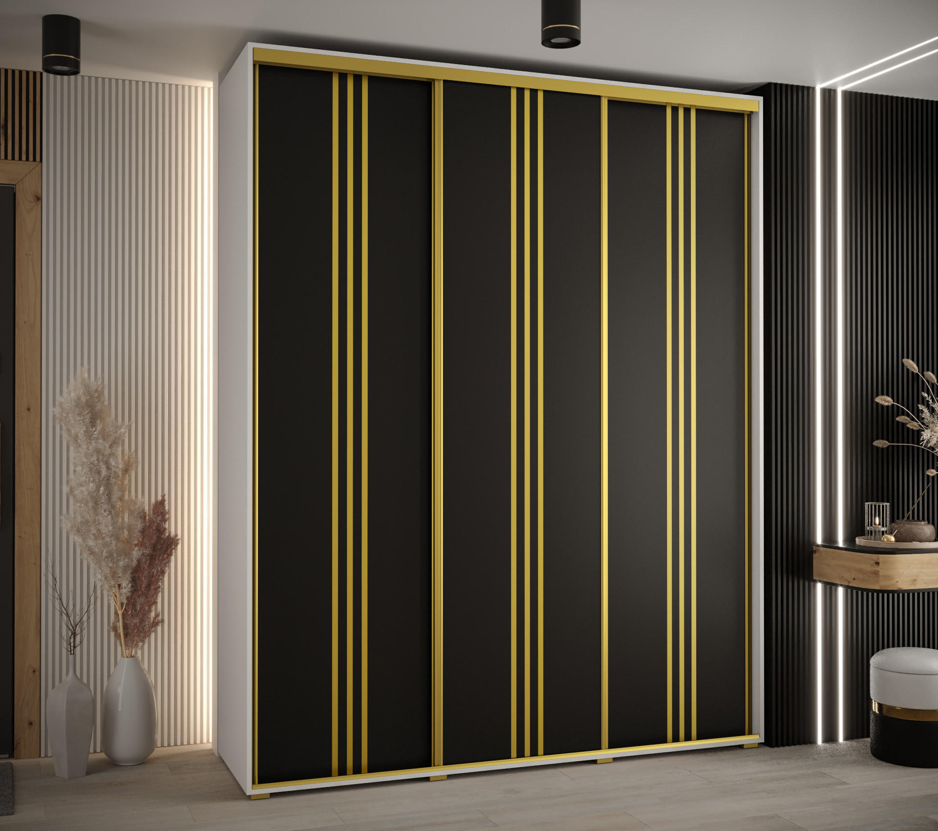 SCHWEBETÜRENSCHRANK 235,2/200/45 3-türig - Goldfarben/Schwarz, Holz/Metall (200/235/45cm) - Abiks Möbel