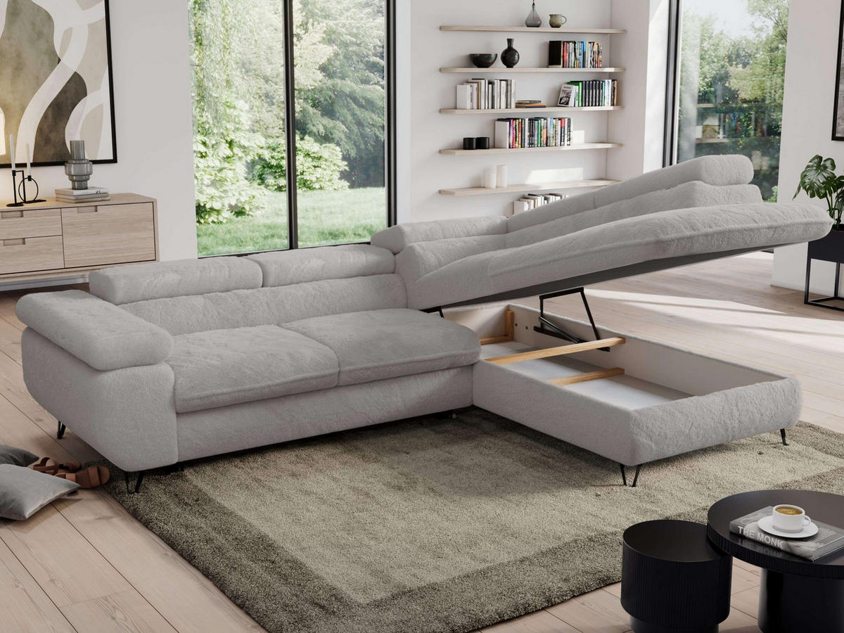 ECKSOFA PEDRO L Hellgrau Plüsch - Rechts Seite - Hellgrau/Schwarz, Textil/Metall (273/208cm) - MKS