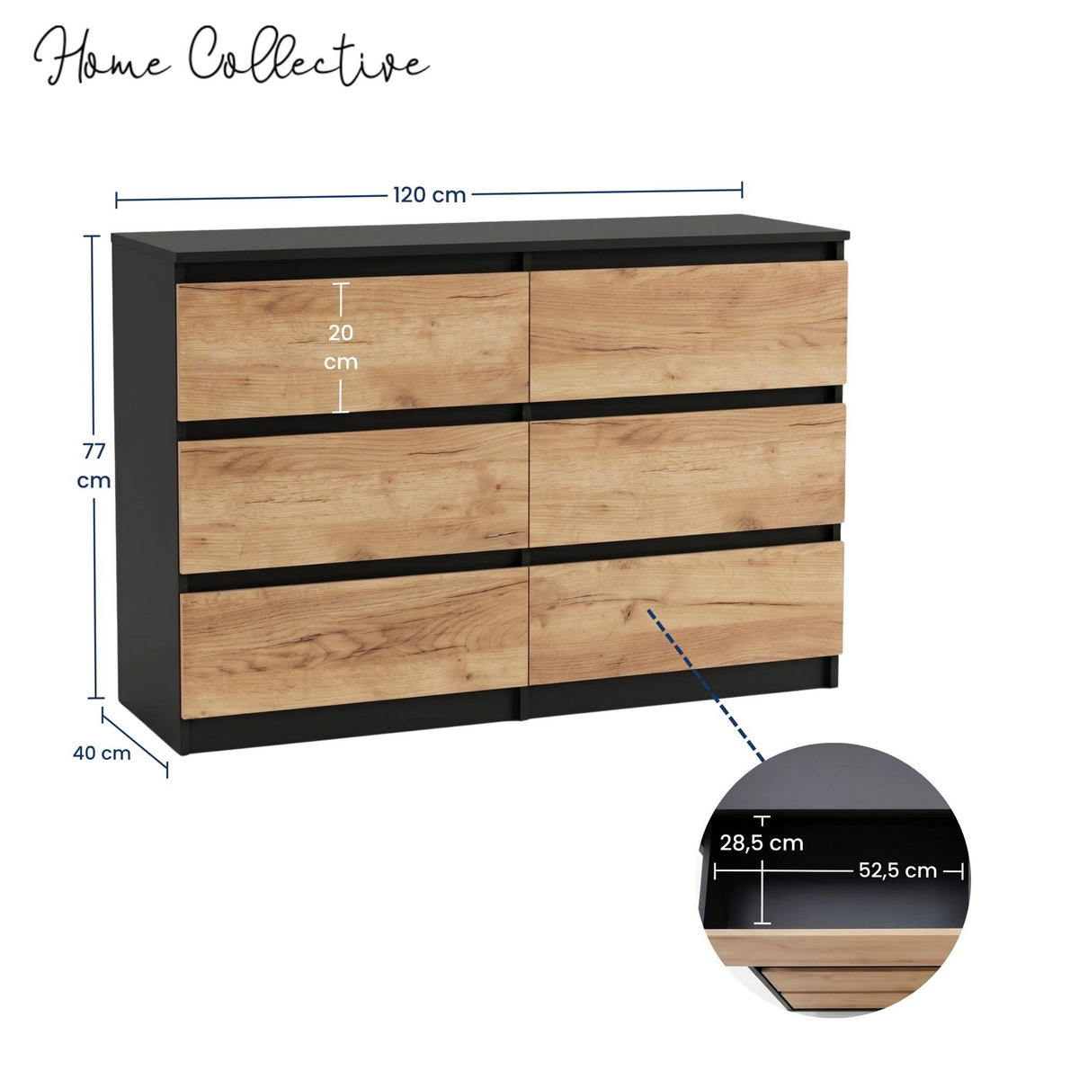 KOMMODE mit fünf Schubladen in Schwarze Craft-Eiche - Schwarz/Naturfarben, Holzwerkstoff (120/77/40cm) - Home Collective