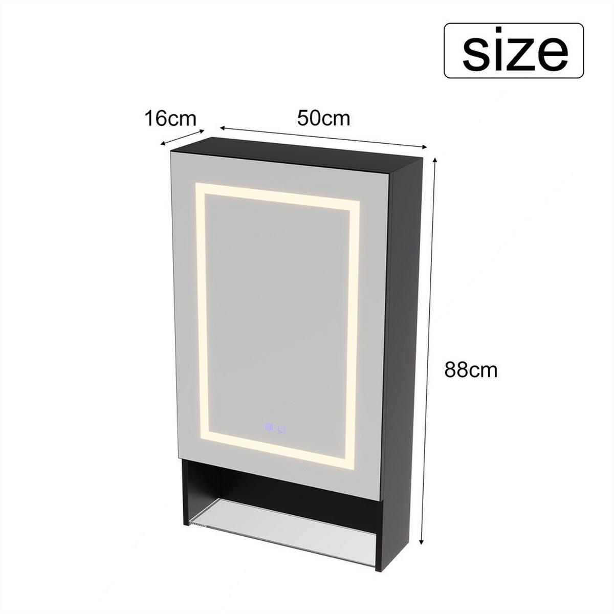 SPIEGELSCHRANK - eintürig - mit LED-Beleuchtung - Antibeschlag-Funktion und offenem Glasregal - Schwarz - Schwarz, Holzwerkstoff (16/88/50cm) - DELFA