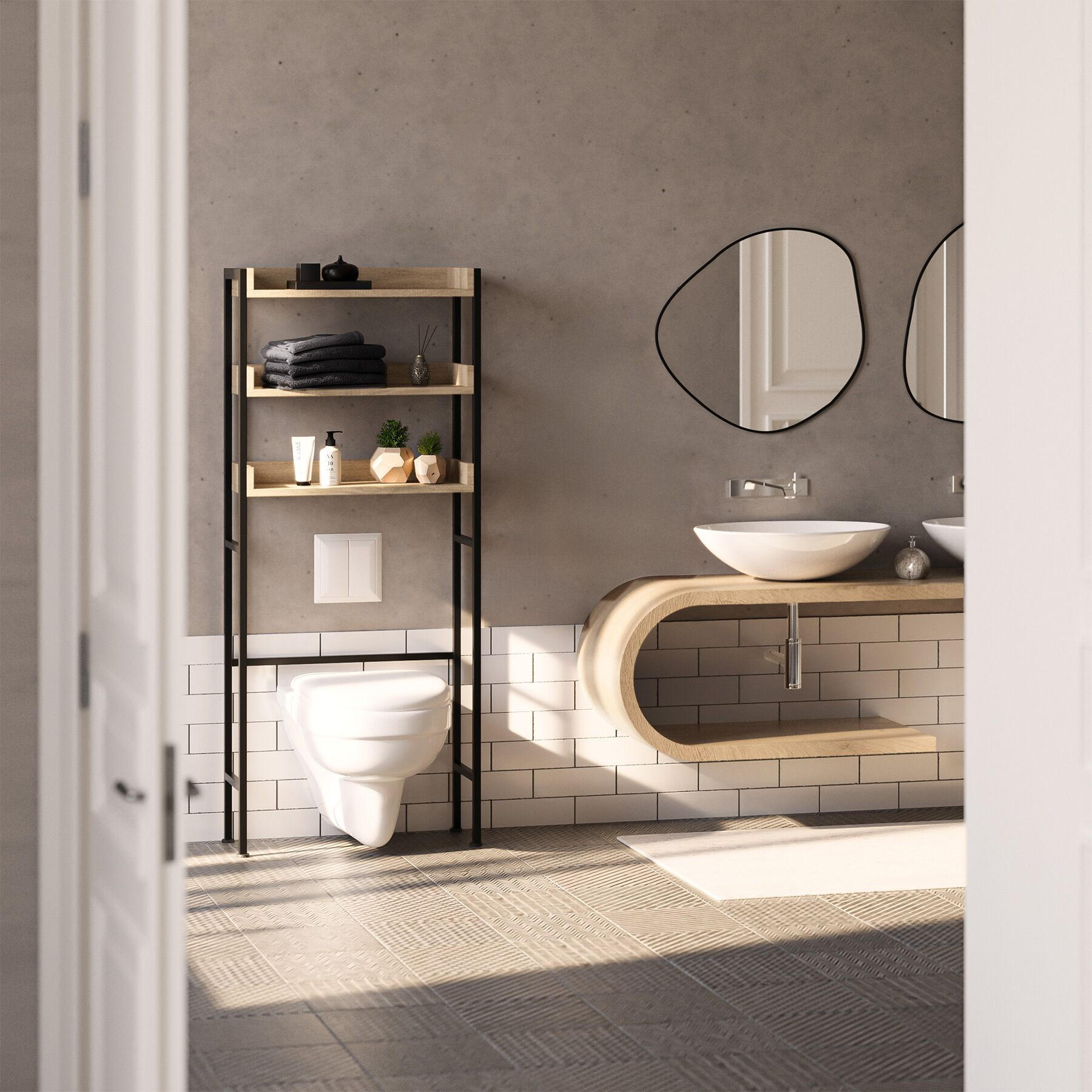 Thumbnail - tectake Badezimmerregal, Natur, Holz, Rechteckig, 63x165x25 cm, Badezimmer, Badezimmerregale, Badregale