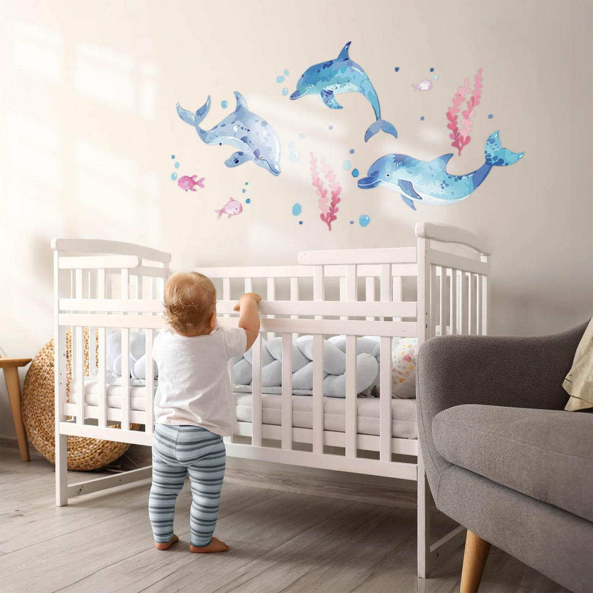 WANDAUFKLEBER 100x155cm - Blaue Delfine - Multicolor, Kunststoff (100/155/0.1cm) - Wallfluent