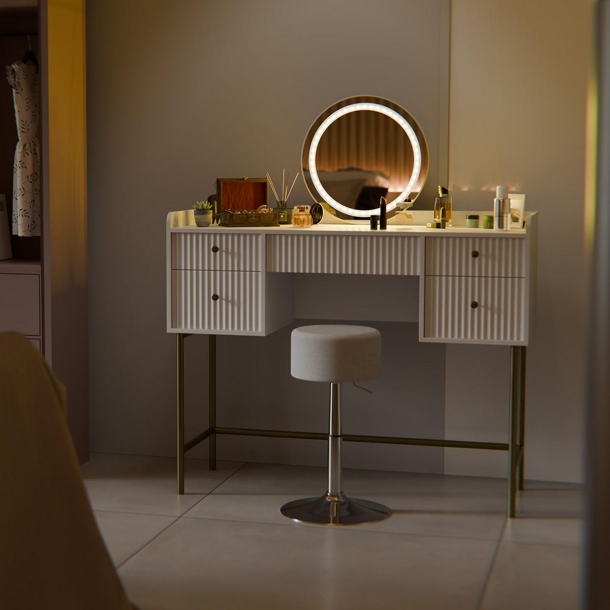 SCHMINKTISCH Samira weiß/gold mit Touch-LED-Spiegel und Hocker Tonia - Weiß, Holz (115/137/40cm) - Juskys