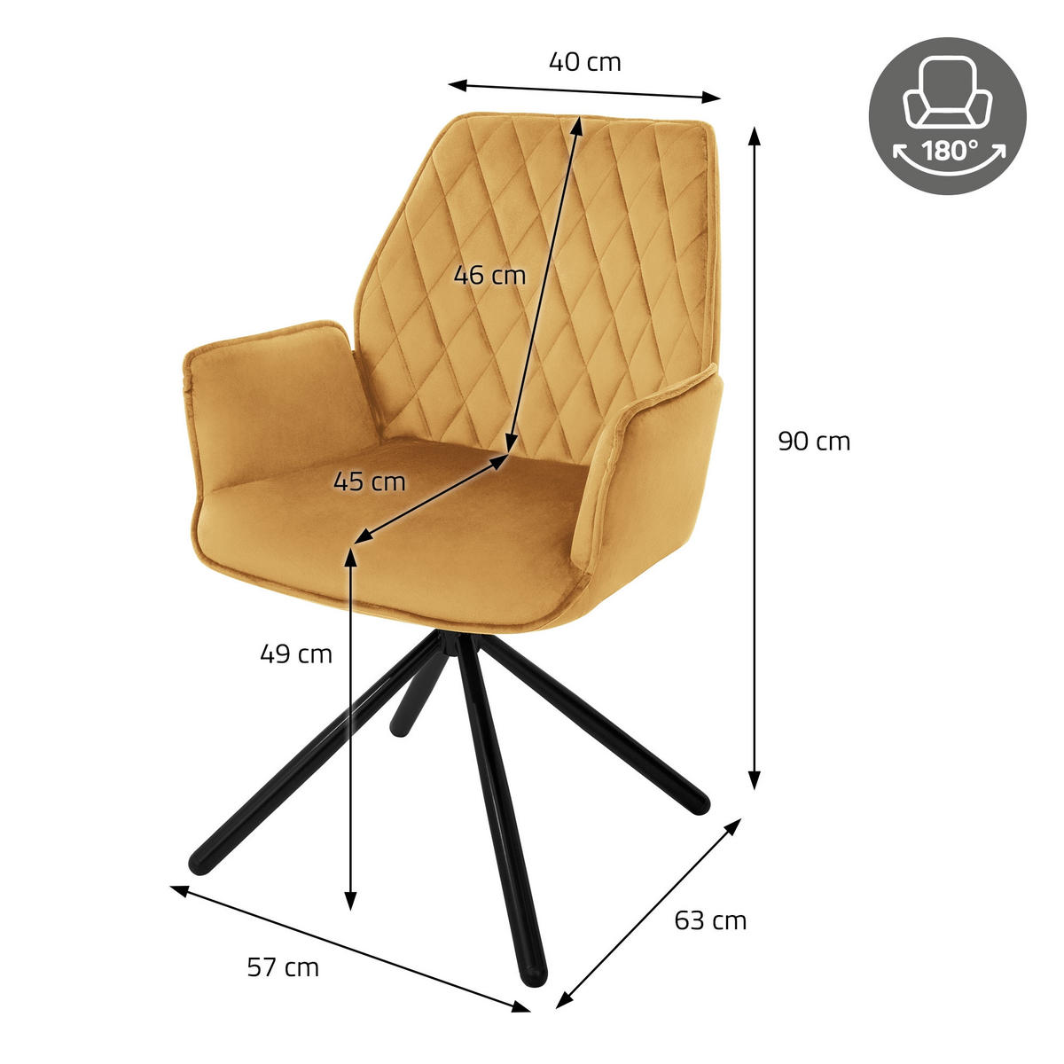 DREHSTUHL Samt Senf - Dunkelgelb, Metall (63/90/57cm) - ML-DESIGN