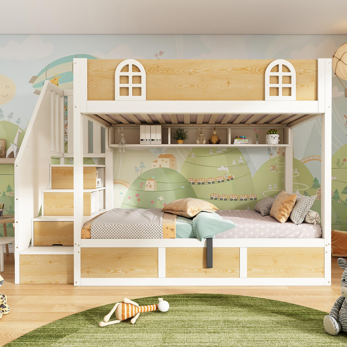 ETAGENBETT 90/200 cm aus Holz und Metall mit Treppenschrank und Stauraum Weiß/Natur - Naturfarben, Holz (90/200cm) - Modenvie
