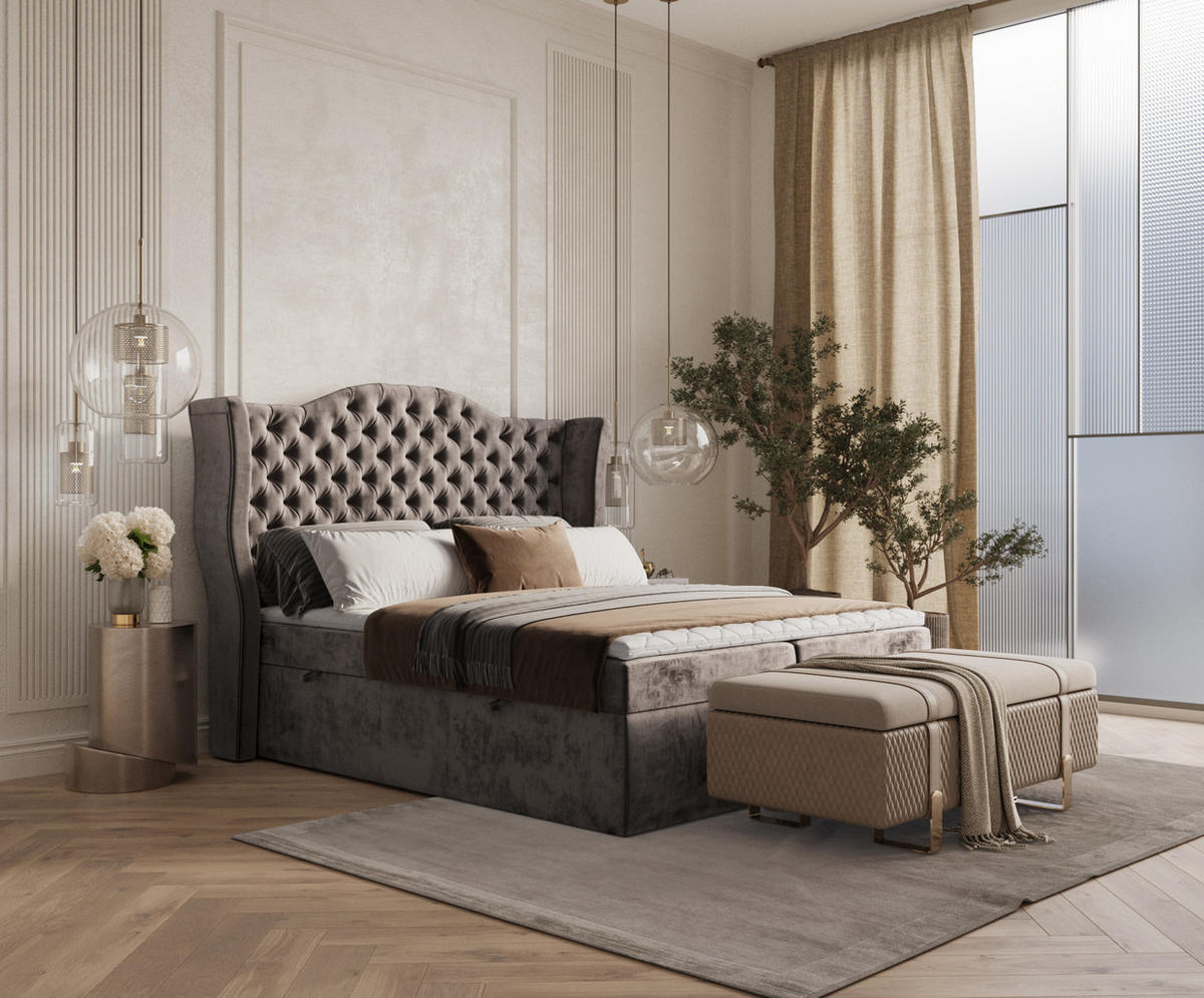 BOXBETT Royal Braun 180/200 cm im Chenille-Stoff - Schwarz/Braun, Holz/Holzwerkstoff (180/200cm) - Maison de Reve