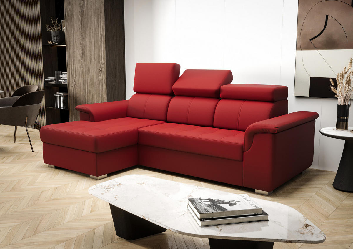 ECKSOFA KONGO RBN06, Eckcouch in L-Form mit Schlaffunktion, Farbe: Rot, Kunstleder, Ottomane Links - Rot, Textil (247/165cm) - O-Sofa