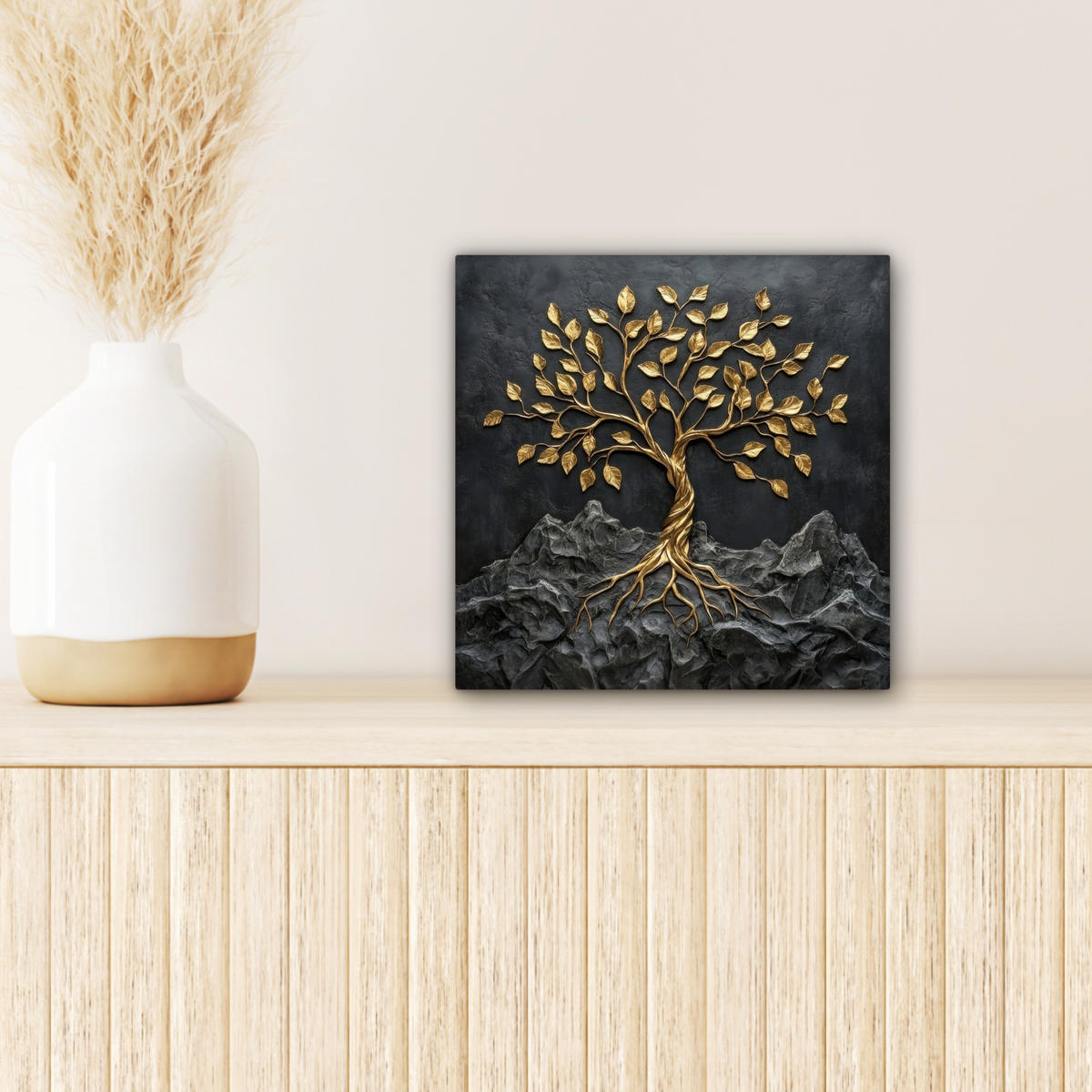 LEINWANDBILD Blätter - Gold - Baum - Fels Deko Wohnzimmer 20x20 cm - Schwarz, Textil (20/20cm) - MuchoWow