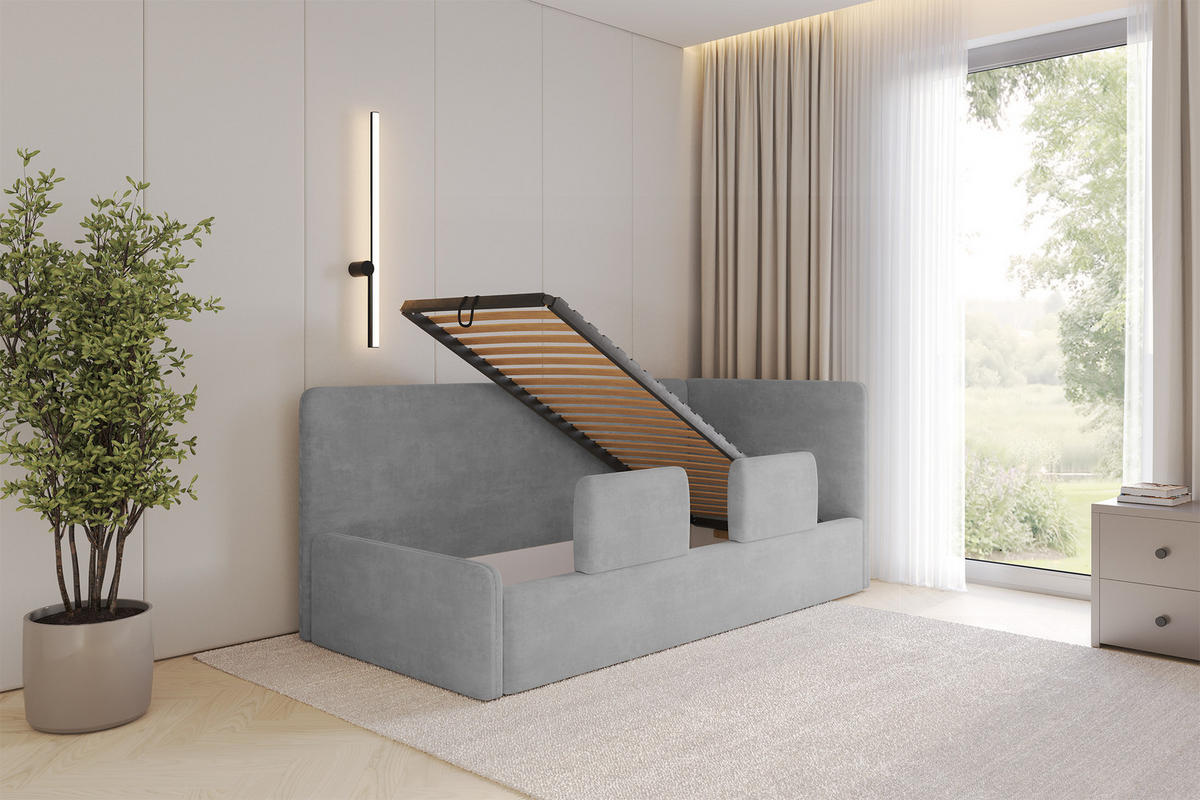 EINZELLBETT Jugendbett mit Bettkasten, Links - NORY 80x200 Grau - Hellgrau, Holzwerkstoff/Textil (80/200cm) - ALTDECOR