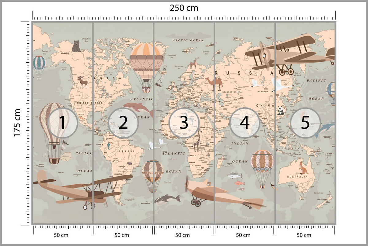 FOTOTAPETE für Kinderzimmer Retro Weltkarte Balony Flugzeuge 250x175 - Beige/Orange, Papier (250/175cm) - Muralo