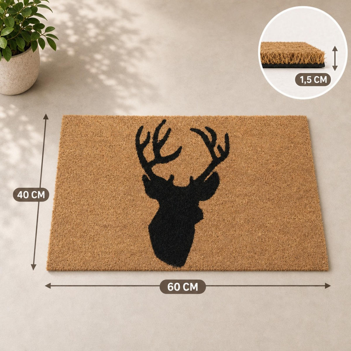 FUSSMATTE Natur Schwarz Kokos Hirsch 60x40 cm - Hellbraun, Kunststoff/Textil (60/40cm) - Relaxdays