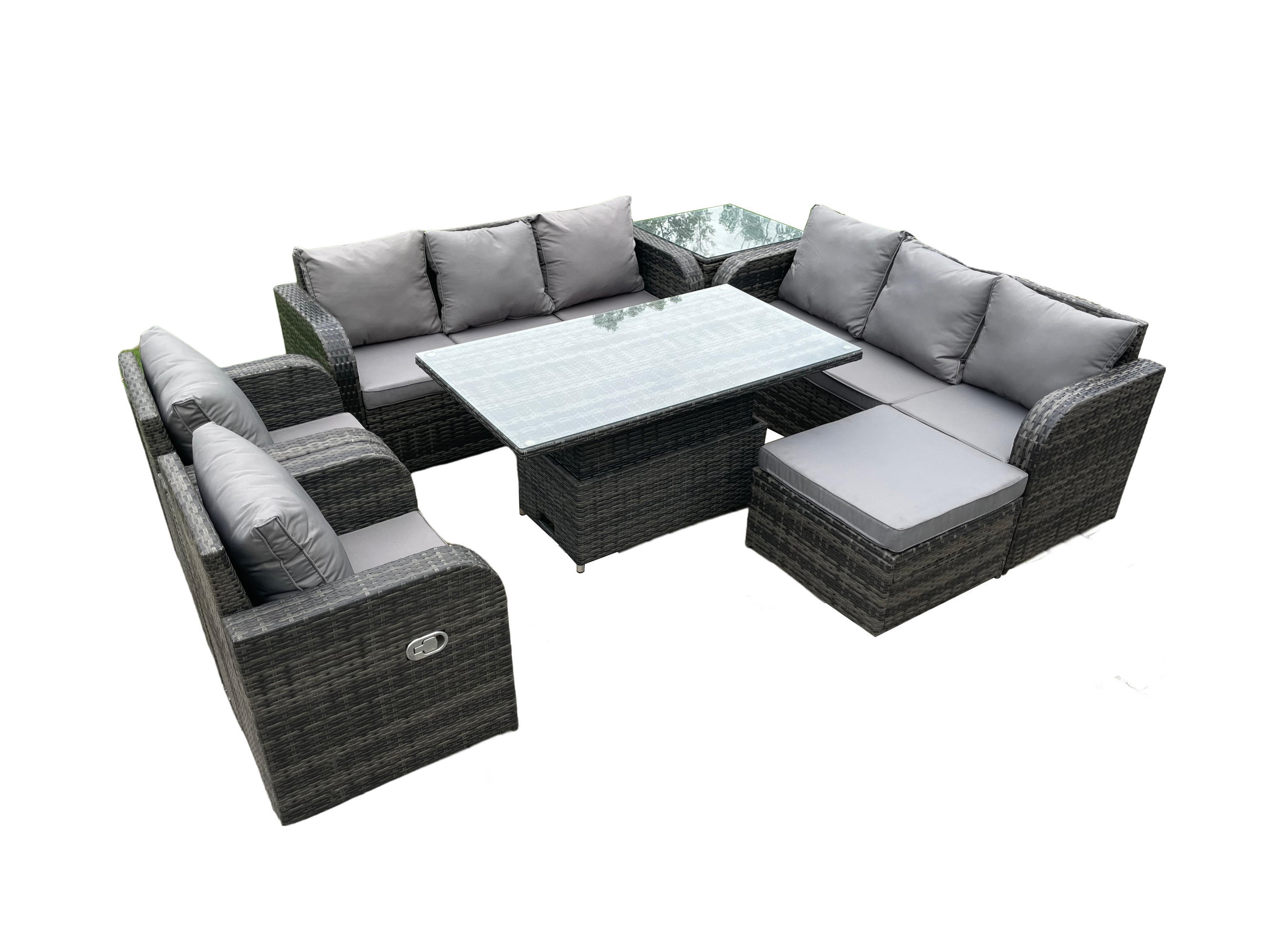 GARTENSET MIT BEISTELLTISCH Polyrattan Outdoor 9-Sitzer - Dunkelgrau/Grau, Glas/Kunststoff - Fimous