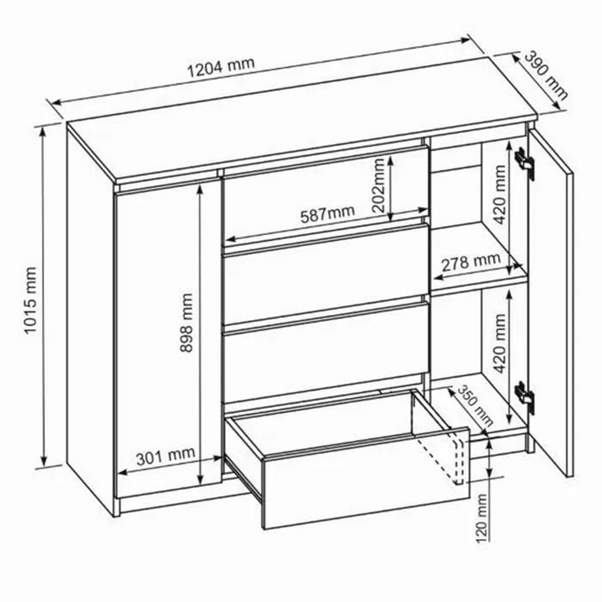 KOMMODE mit 4 Schubladen 2 Schranktüren 120 cm Schwarz mit HochglanzFronte - Schwarz Hochglanz, Holzwerkstoff (120.4/101.5/39cm) - MebLocker