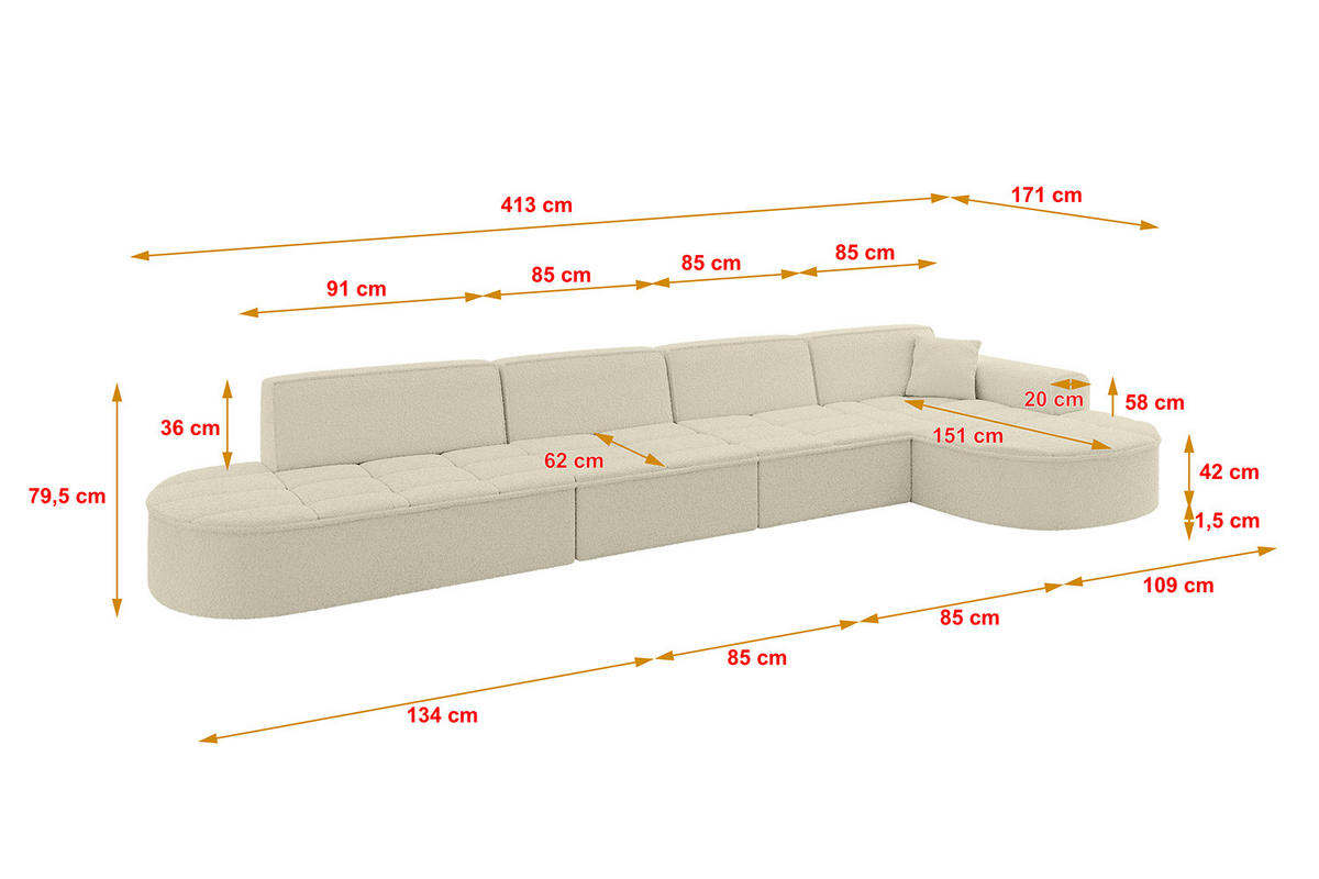 ECKSOFA Ottomane Rechts TARO-L3 - 413x171x79,5 cm Beige - Beige, Holzwerkstoff/Textil (413/171cm) - ALTDECOR
