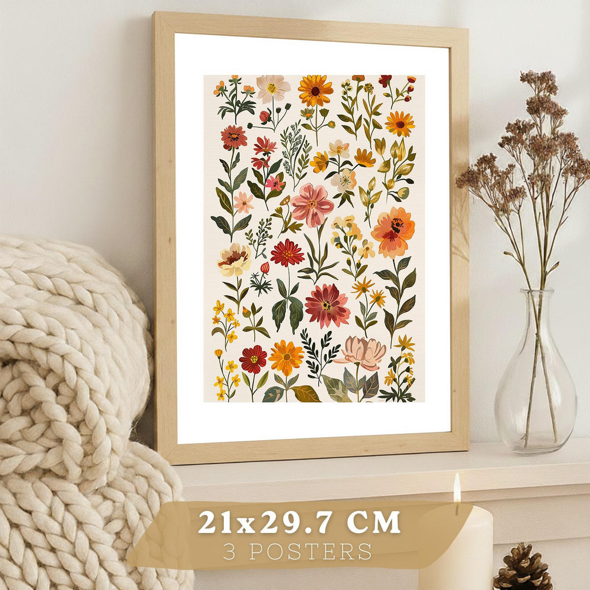 PLAKAT Sada 3 Kytice A3 bez rámu - čirá, papír (29.7/1/42cm) - Nacnic