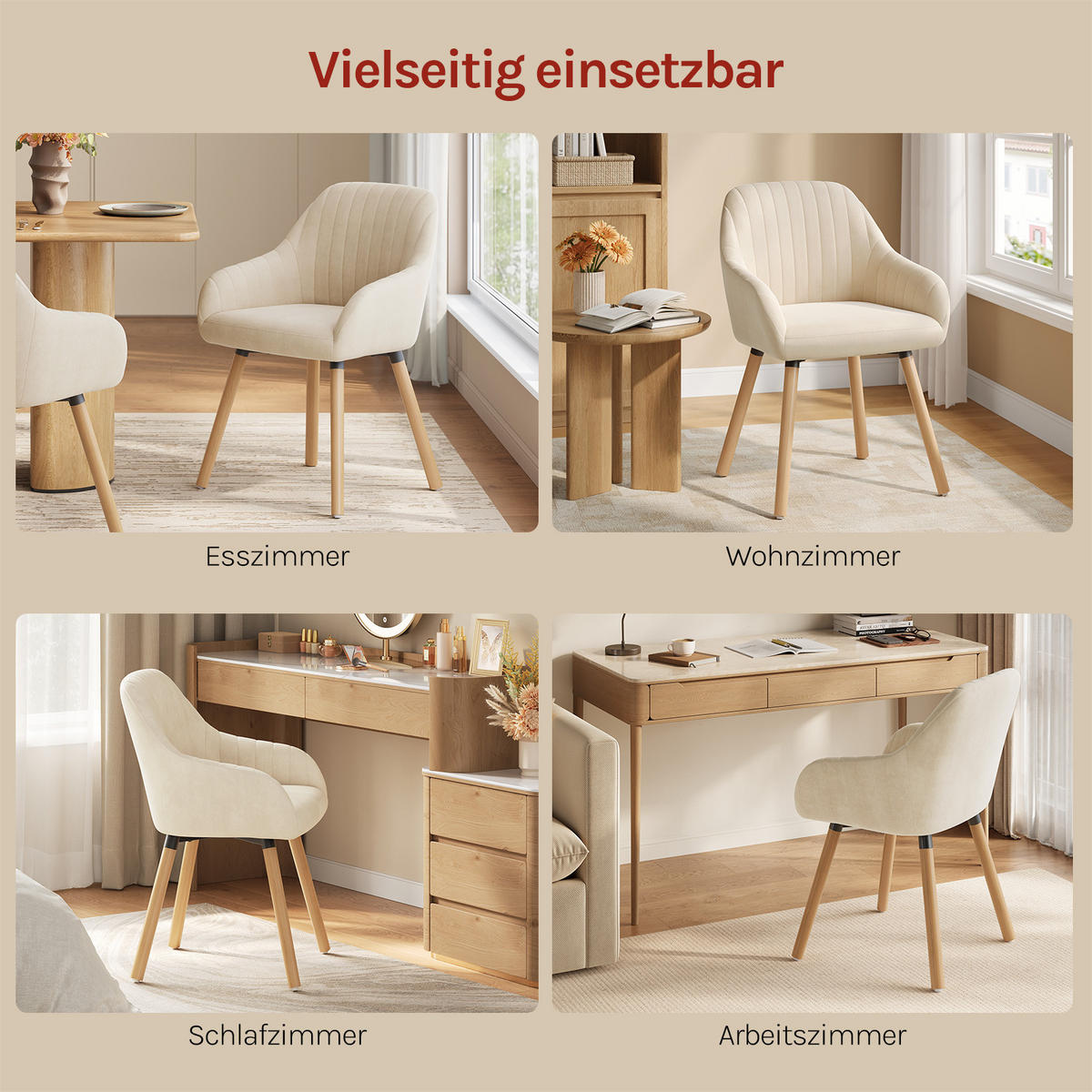 ESSZIMMERSTUHL 4er-Set, Samt, Massivholz, Creme - Creme/Naturfarben, Holz/Textil (52/81.5/51.5cm) - Woltu