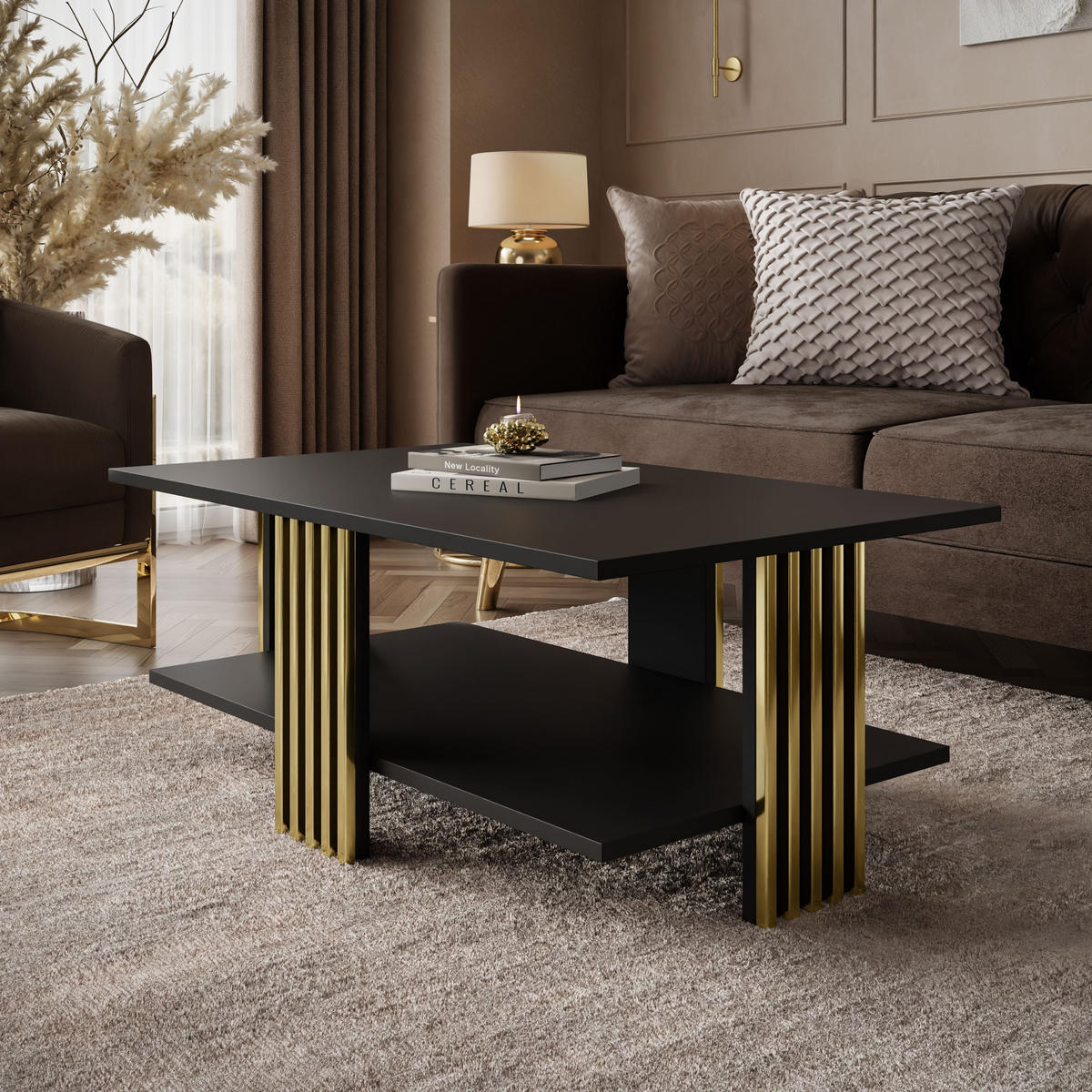 COUCHTISCH SAPHIRA GOLD mit Ablageboden, Schwarz Matt - Schwarz, Holzwerkstoff (60/100/40cm) - Lookway