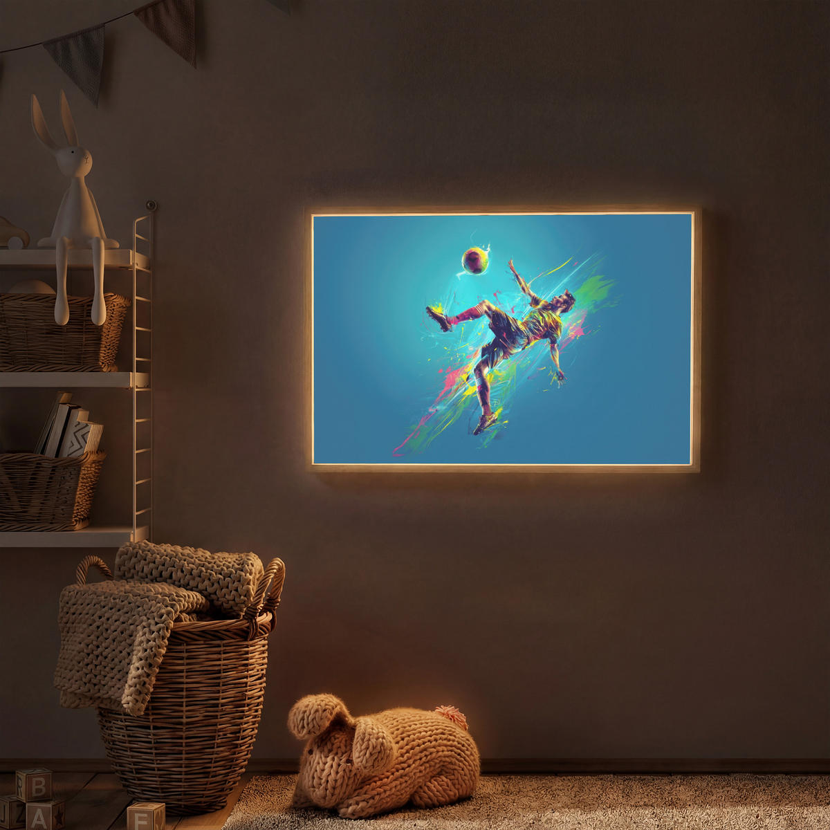 NACHTTISCHLAMPE MIT AKKU Fußballer - Farbspritzer - Farbenfroh - Ball 100x70 cm - Blau, Holzwerkstoff (8/100/70cm) - OnlyWow