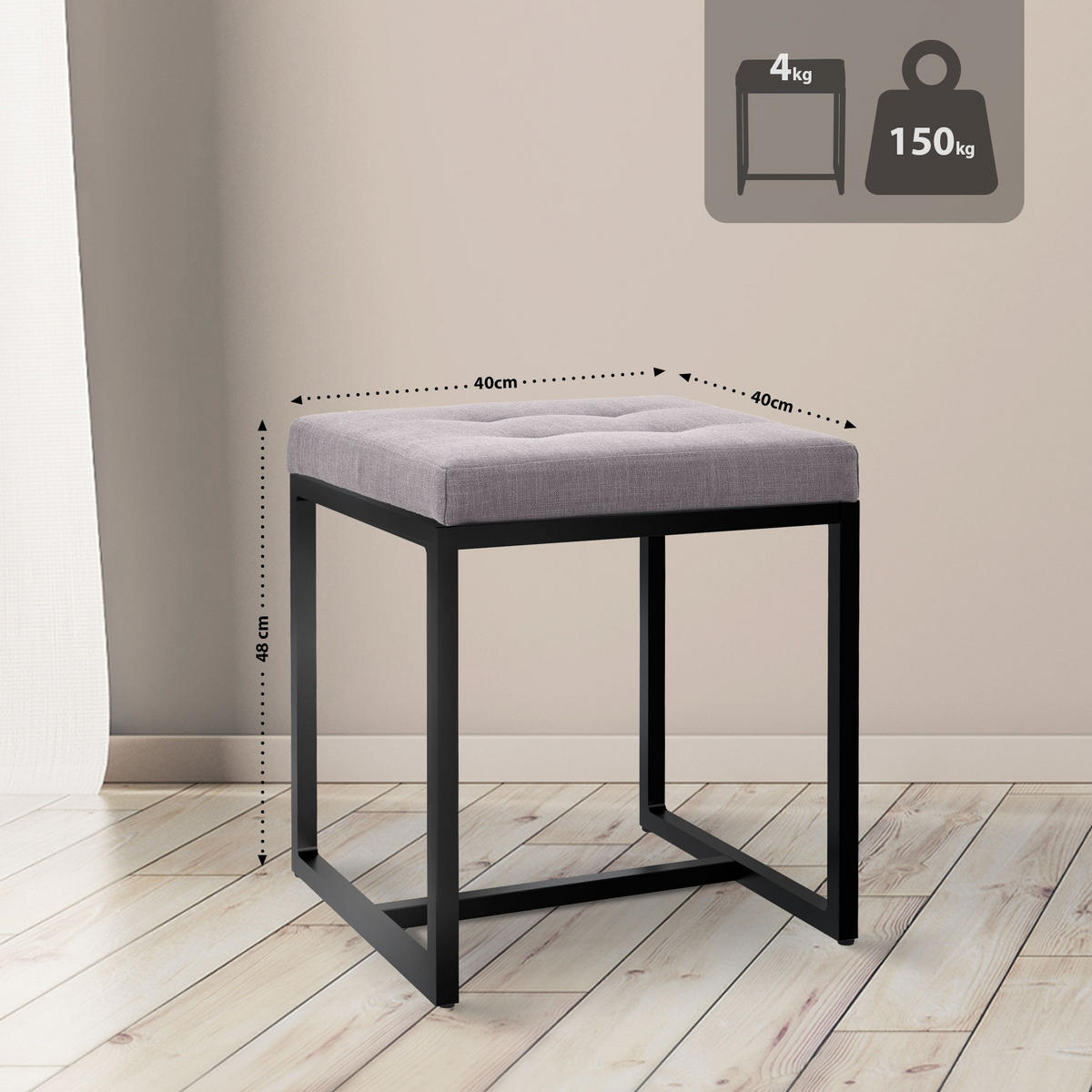 SITZWÜRFEL eckig 40/40/48 cm Stoff grau - Schwarz/Grau, Textil/Metall (40/48/40cm) - CLP