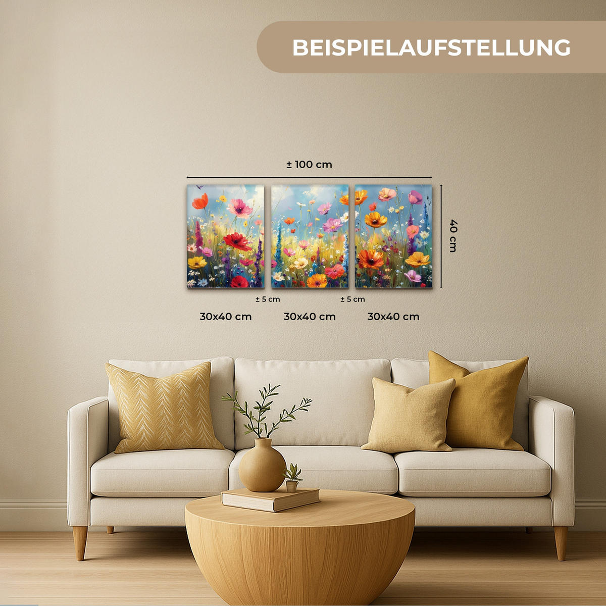 OBRAZ NA PLÁTNĚ 3dílná sada Květiny - Jaro - Barevné - Letní 90x40 cm - pomerančová, textil (90/40cm) - MuchoWow