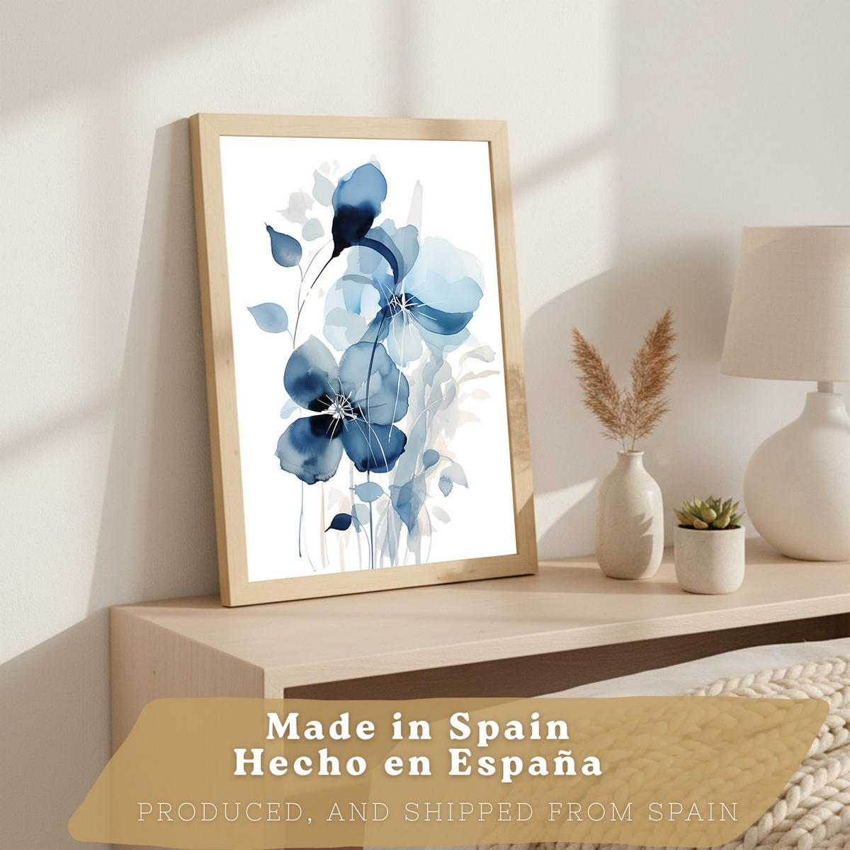 PLAKAT Sada 3 Modré květy A3 Lehký dřevěný rám - béžová, papír (29.7/1/42cm) - Nacnic