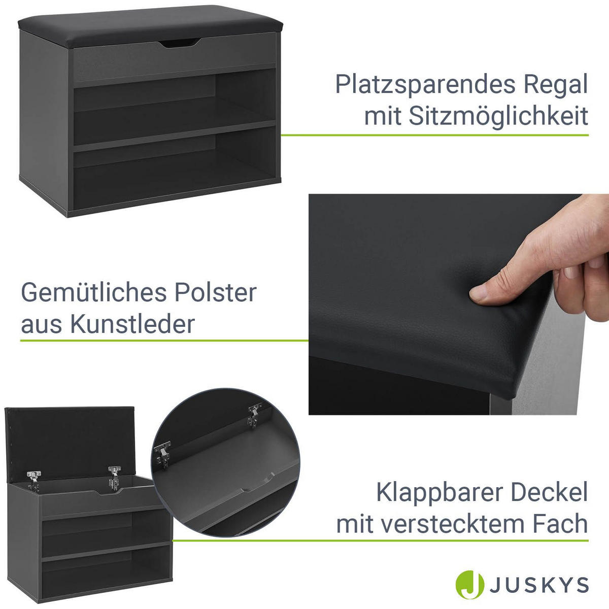SCHUHREGAL grau mit Klappdeckel und gepolstertem Sitz 60 x 30 x 44 cm - Dunkelgrau, Holz (30/44/60cm) - Juskys