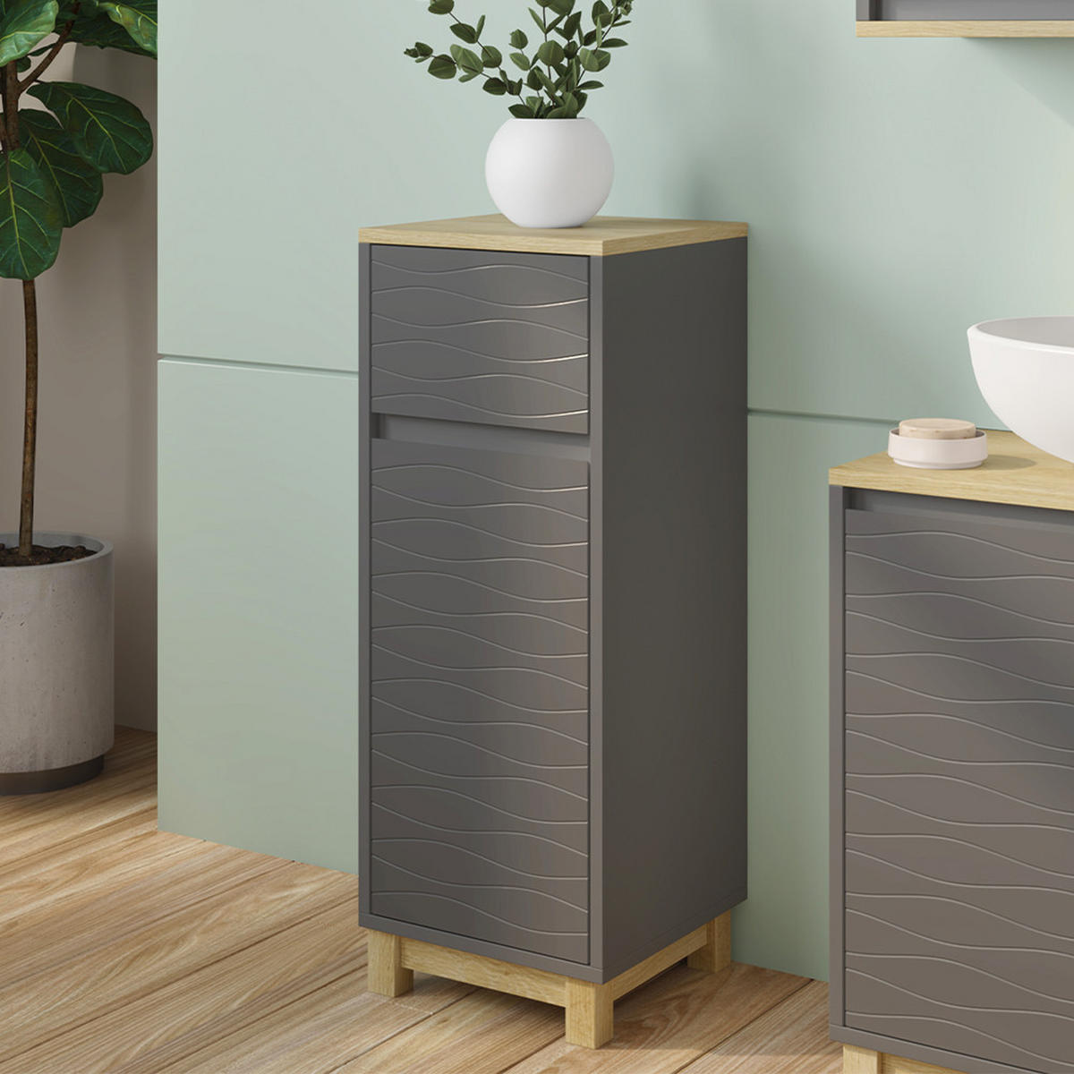 MIDISCHRANK Livia Anthrazit 30 x 80 cm mit Schublade - Anthrazit/Naturfarben, Holzwerkstoff (30/80/30cm) - Vicco