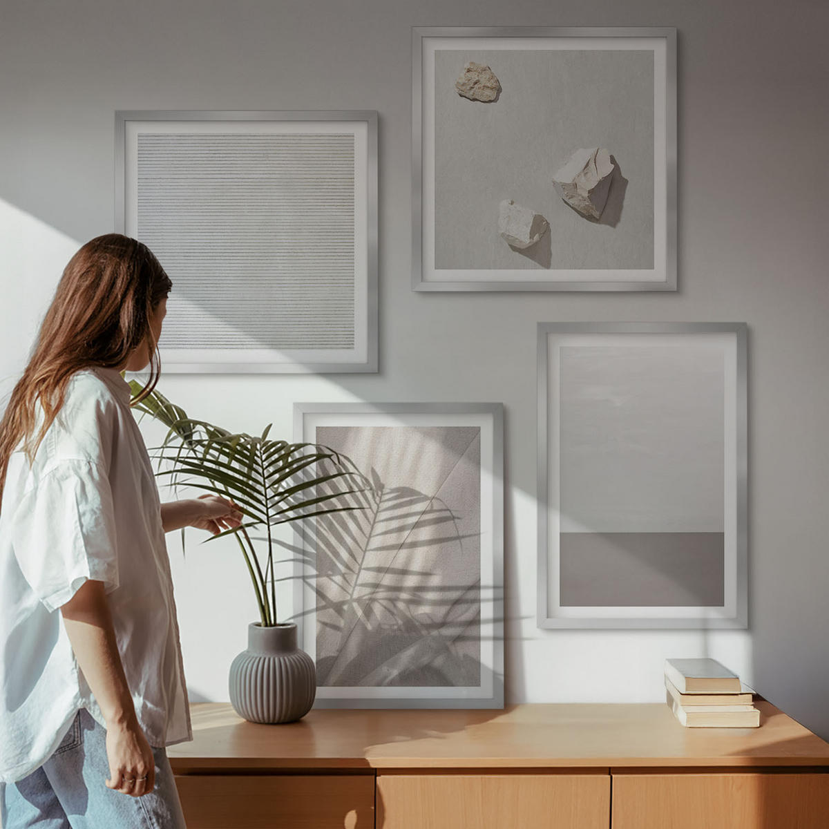 WANDBILDER 4er Set - 50x50 cm & 40x60 cm Silberner Rahmen - Zarte Boho-Texturen der Natur - Silberfarben, Kunststoff (50/50cm) - ArtPrintCave