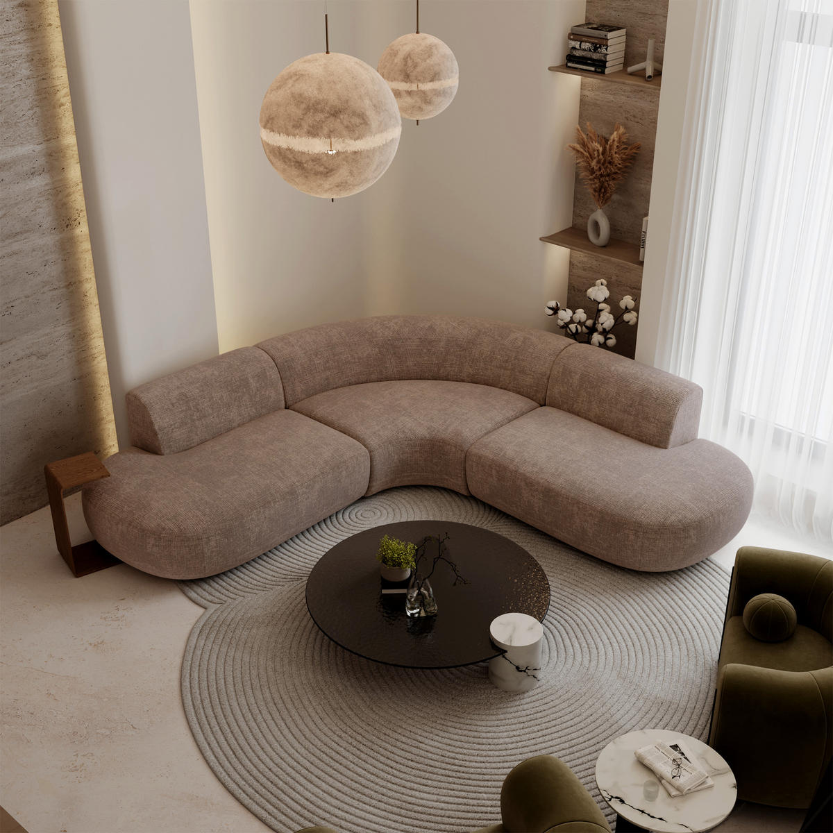 ECKSOFA WONDER Geprägter Samt Taupe 90cm - Taupe, Textil (90/250cm) - Premium Interiors