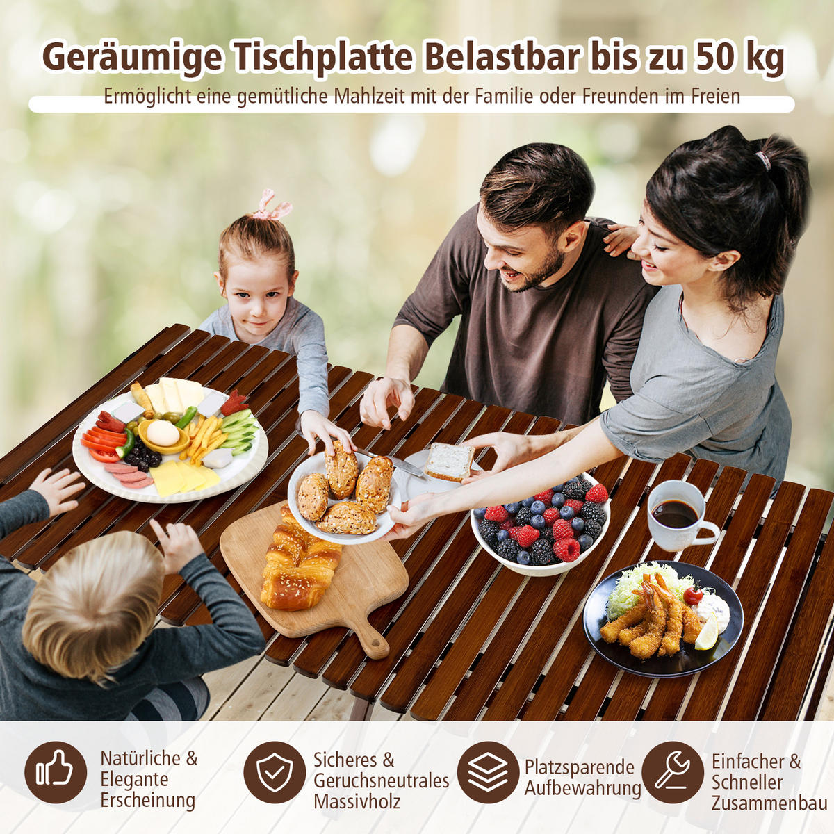 CAMPINGTISCH aufrollbarer Braun - Braun, Naturmaterialien (122/53/44cm) - COSTWAY