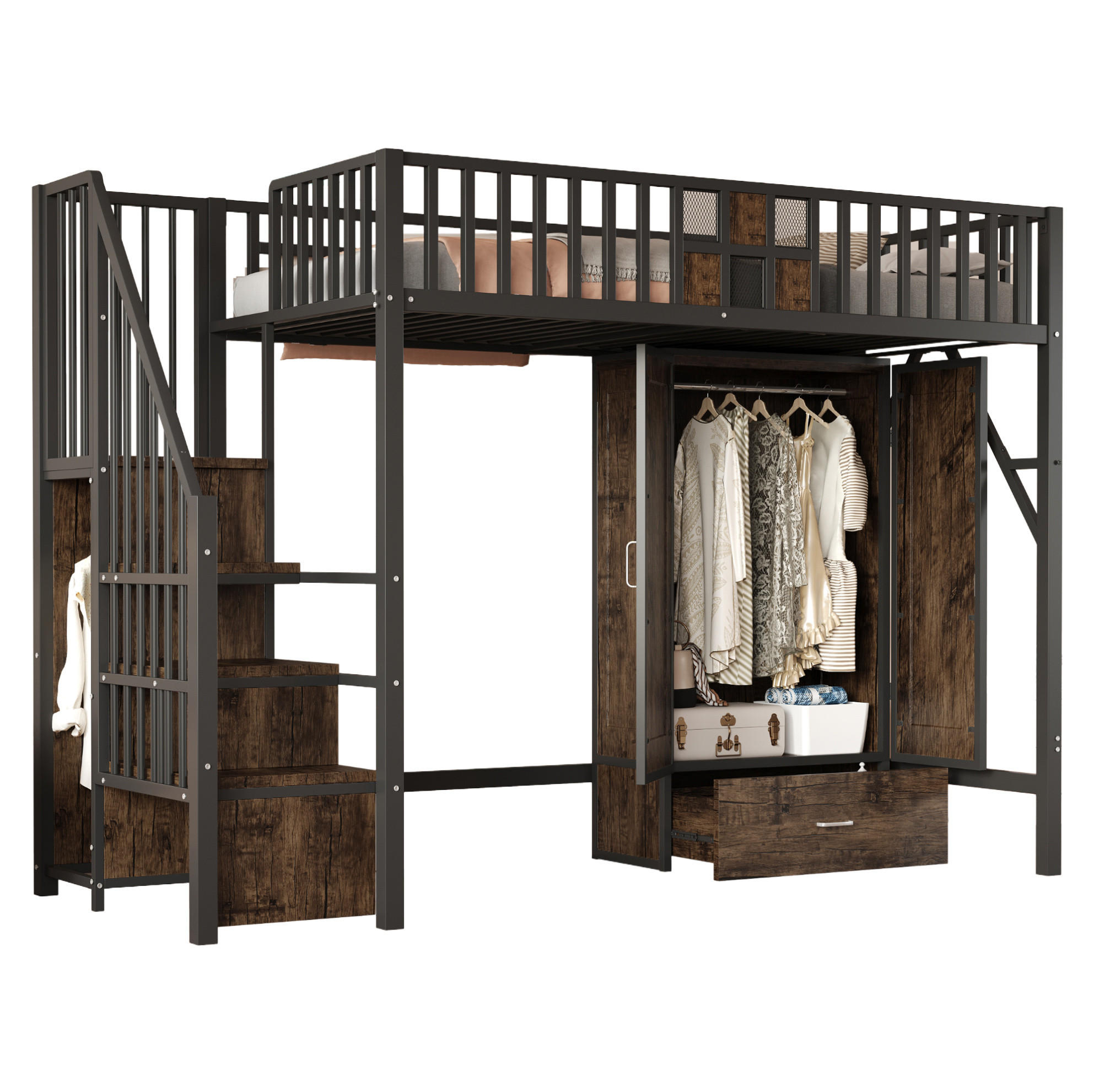 HOCHBETT 90/200 cm Schwarz mit Kleiderschrank und Sicherheitsleiter - Schwarz, Metall (90/200cm) - OKWISH