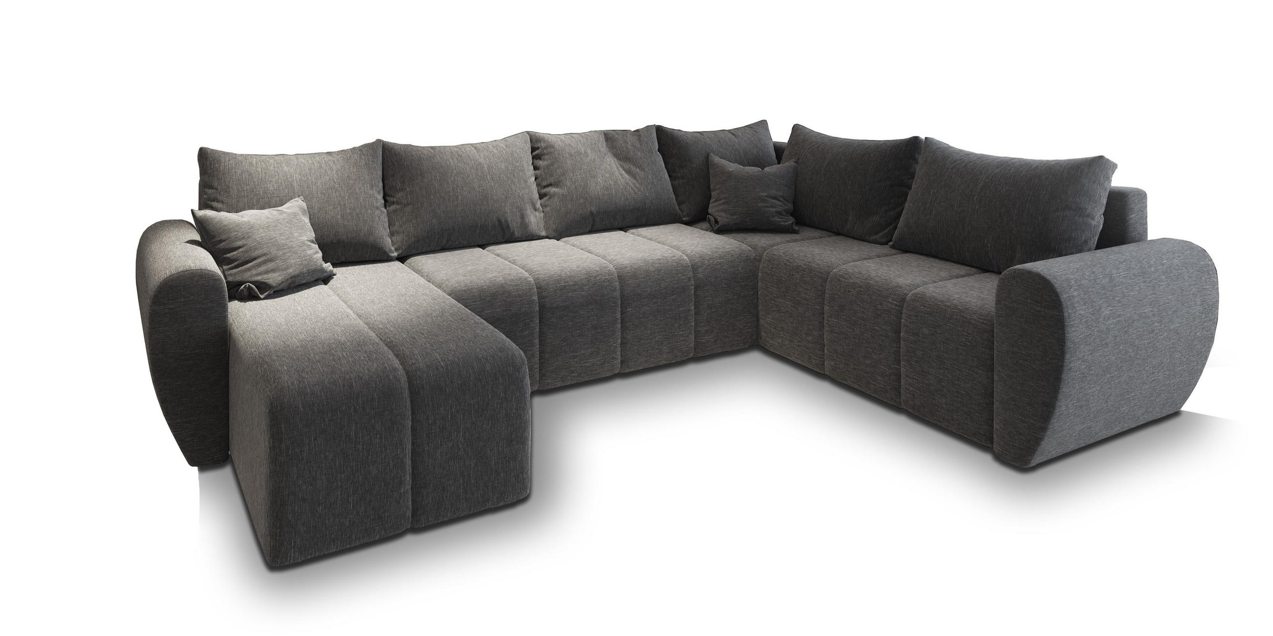 WOHNLANDSCHAFT MADISON XL R-S Hellgrau Dünner Stoff mit Schlaffunktion - Hellgrau, Holz (303/82/208cm) - MASSENO