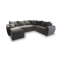 WOHNLANDSCHAFT MADISON XL R-S Hellgrau Dünner Stoff mit Schlaffunktion - Hellgrau, Holz (303/82/208cm) - MASSENO