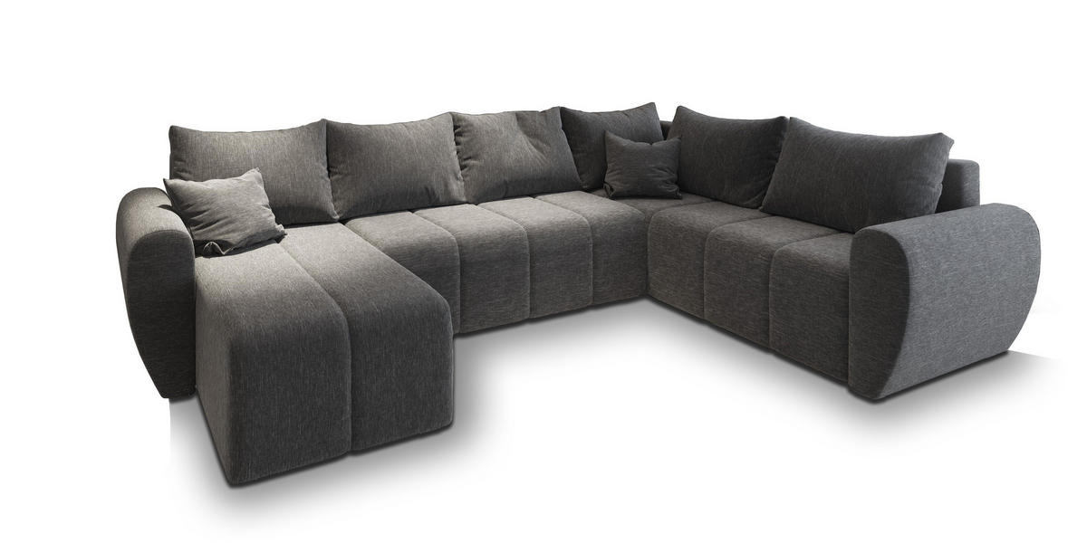 WOHNLANDSCHAFT MADISON XL R-S Hellgrau Dünner Stoff mit Schlaffunktion - Hellgrau, Holz (303/82/208cm) - MASSENO