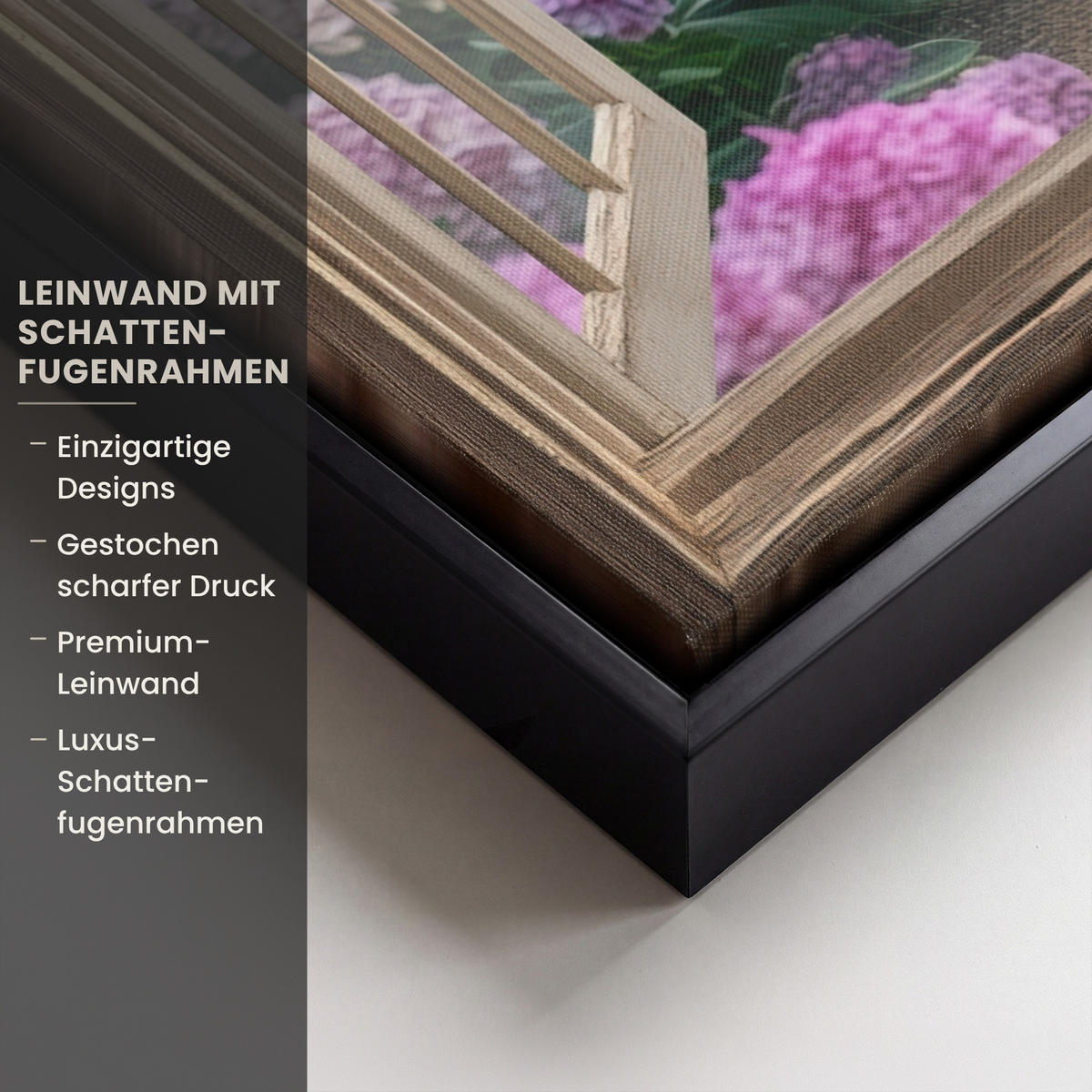 LEINWAND Bilder mit Rahmen - Aussicht - Garten - Fenster - Hortensie - Blumen - 70x100 - Pastellblau, Textil (70/100cm) - MuchoWow