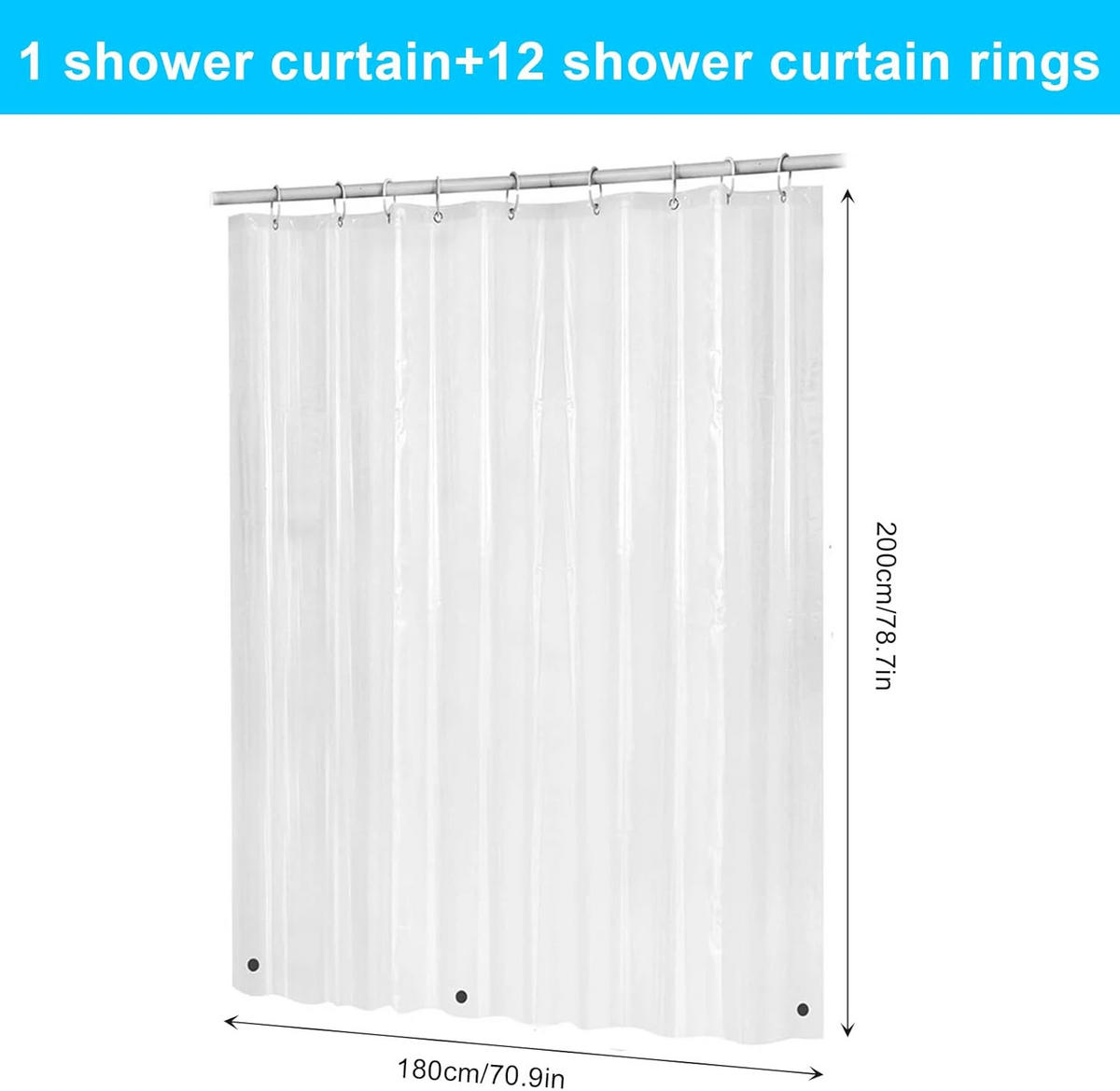 DUSCHVORHANG transparent mit Ringen wasserdicht schimmelresistent mit Magneten für Badezimmer - Transparent, Kunststoff (200/180cm) - MCBOSON