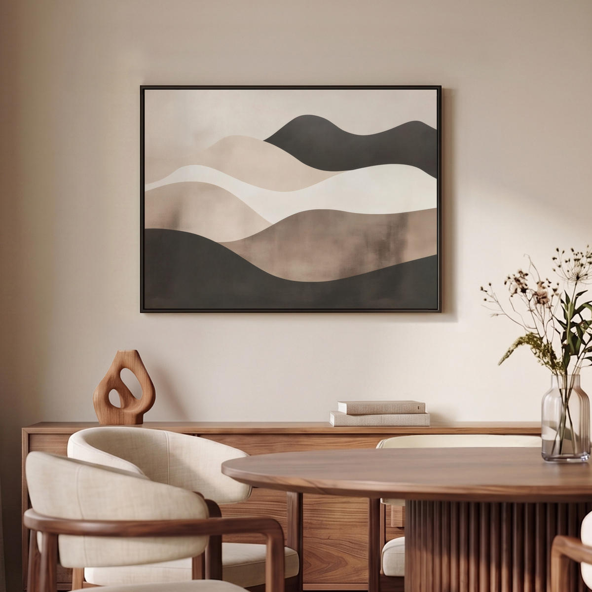 LEINWAND Bilder mit Rahmen - Abstrakt - Landschaft - Wellen - Cremefarben - 70x50 - Cappuccino, Textil (70/50cm) - MuchoWow