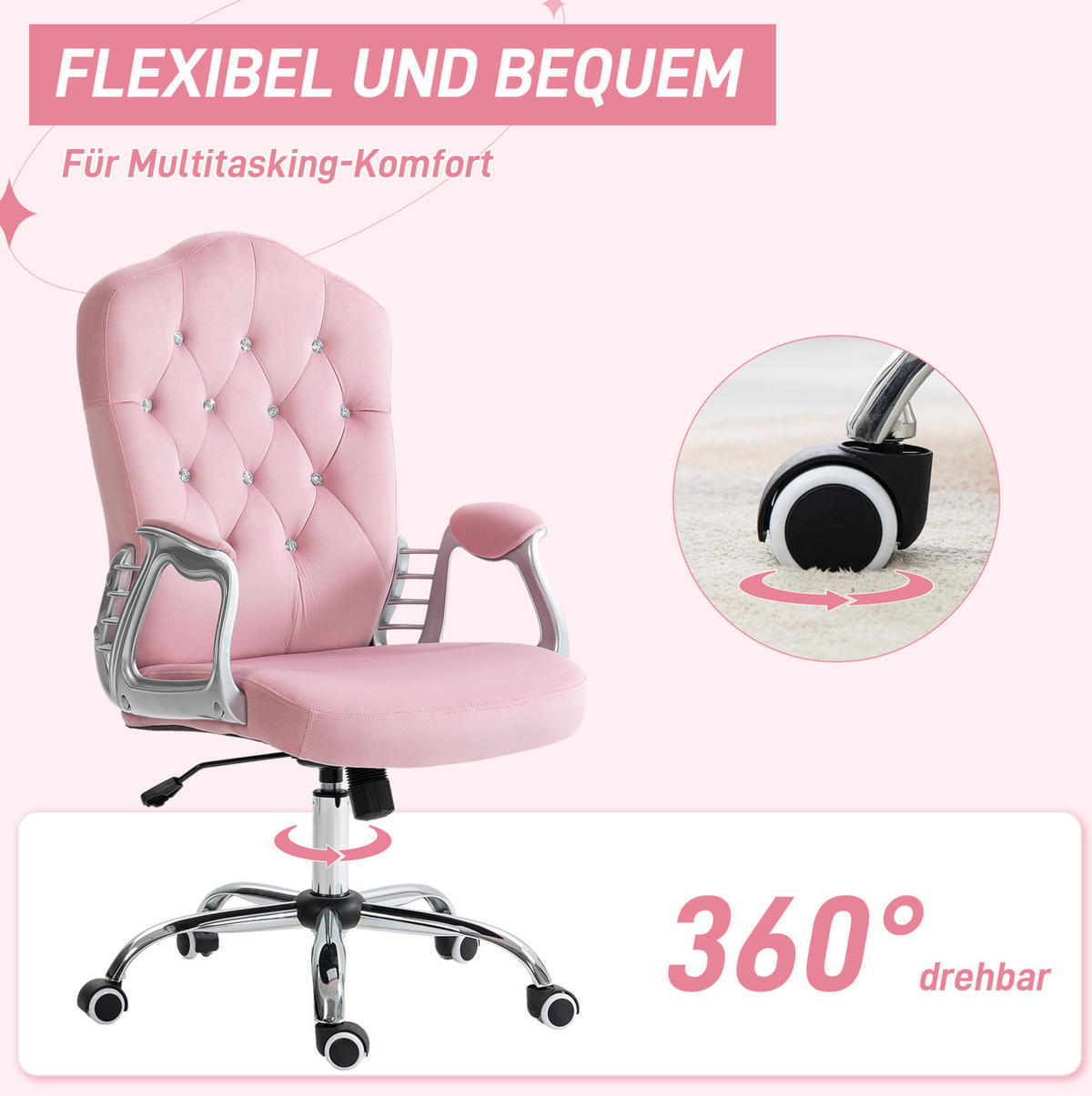 DREHSTUHL, höhenverstellbar 47-57 cm, samtweicher Polyesterbezug, 61/61/104-114 cm, Pink - Pink, Kunststoff (61/114/61cm) - Redom