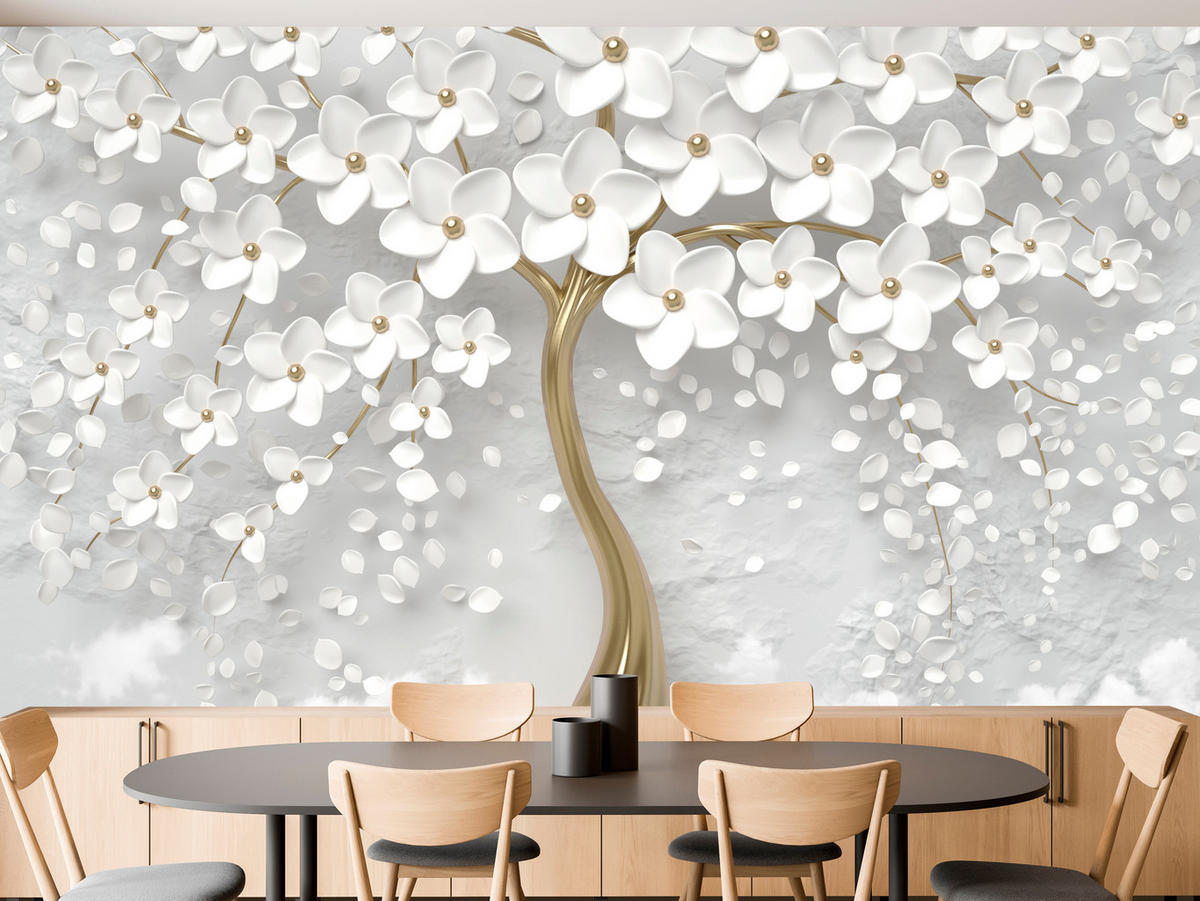 FOTOTAPETE für Schlafzimmer Perlmutt Blumen Abstract Baum 200x140 - Gelb/Goldfarben, Papier (200/140cm) - Muralo