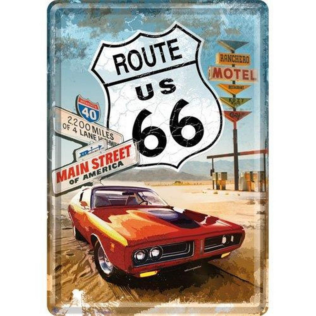 MINIBLECHSCHILD 10/14 cm US Highways Route 66 Red Car - Multicolor, Metall (10/14/0.1cm) - Nostalgic-Art