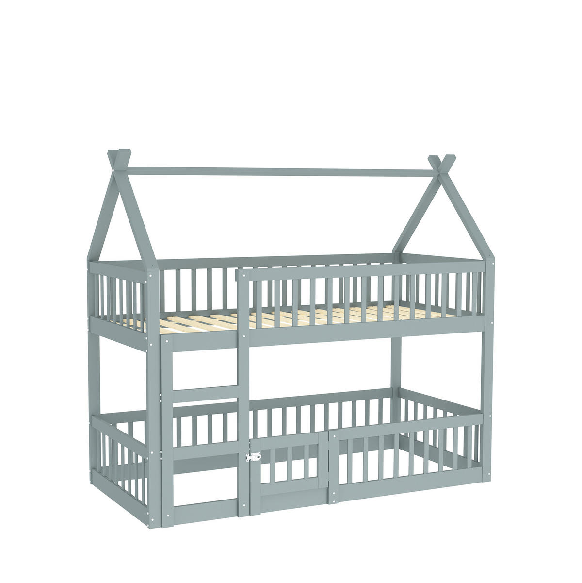 ETAGENBETT 90/200 cm grau mit Treppe und Hochsicherheitszaun - Grau, Holz (90/200cm) - OKWISH